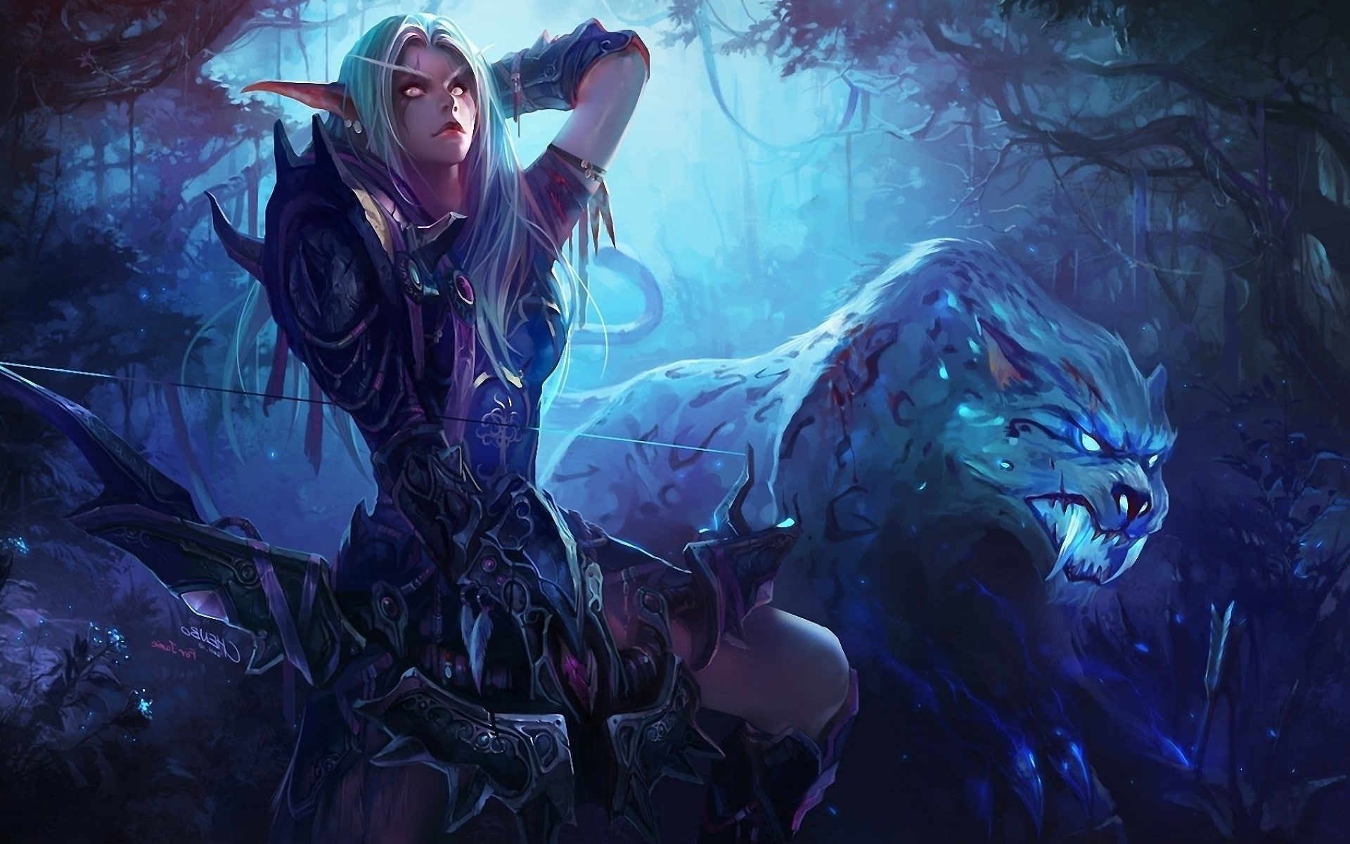 hair, females, lifestyles, young women, adult, bows elves elven ears night elves blonde world of warcraft animals, beautiful woman, young adult, nature, HD Wallpaper