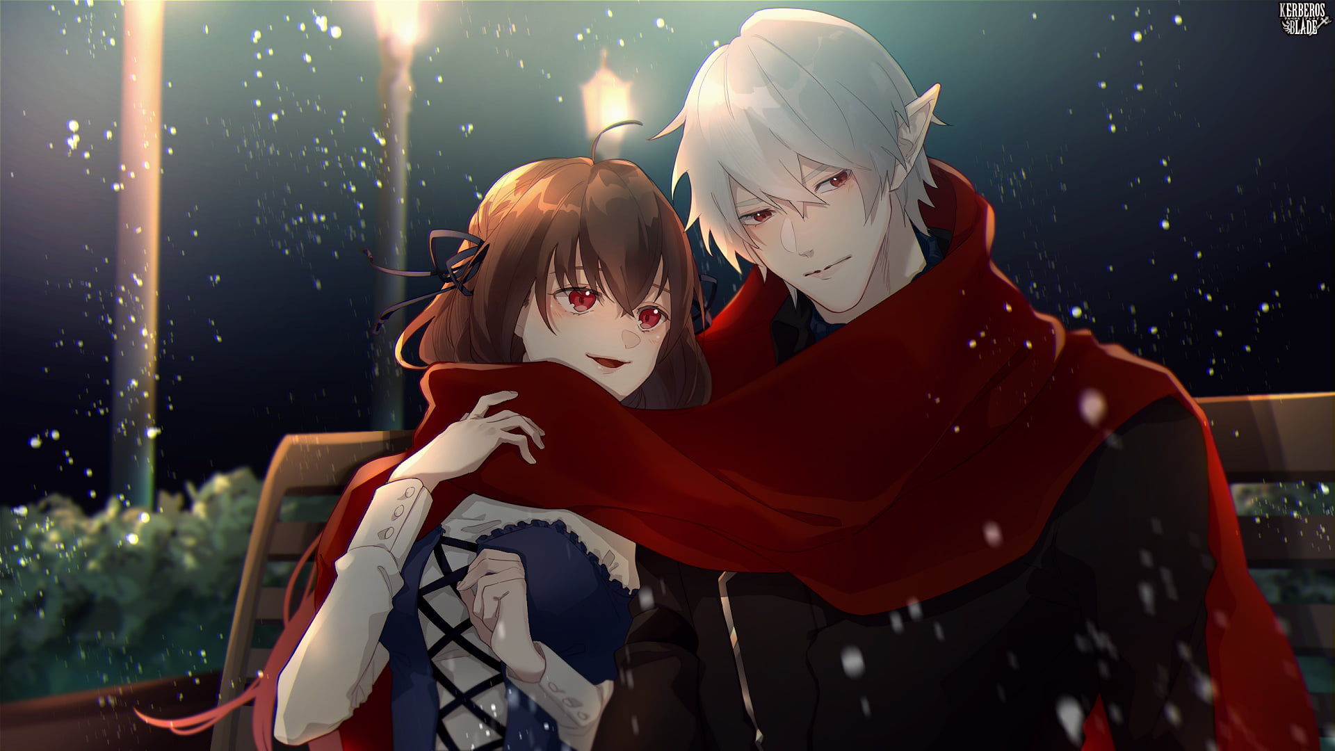 anime girls, ribbon, Kerberos Blade, anime boys, hair accessories, Male, snow, elven, bench, street light, pointed ears, anime, 1080P, blushing, scarf, HD Wallpaper