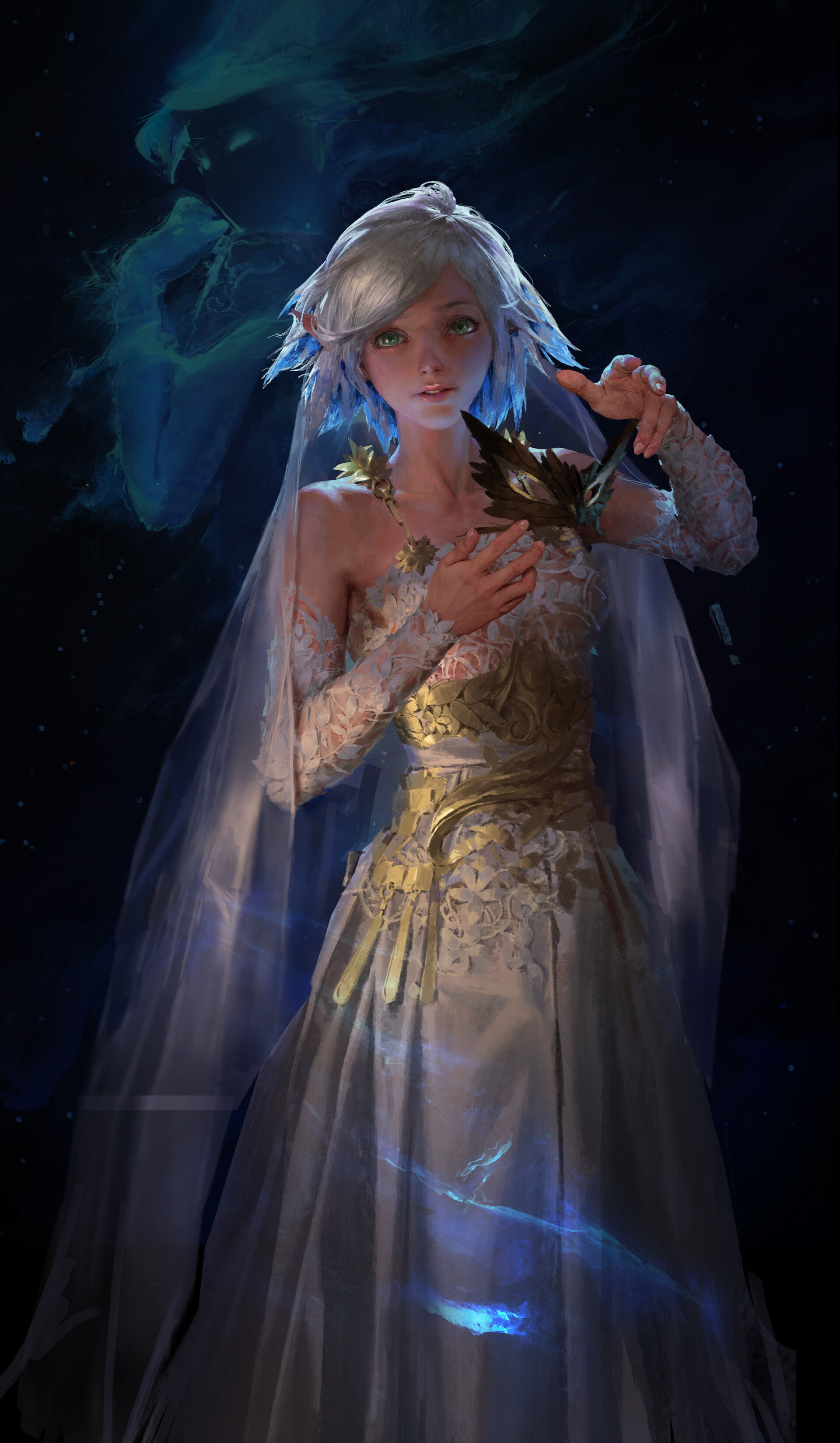 drawing, dress, 2K, artwork, Elfs, mask, open mouth, white dress, vertical, portrait display, ArtStation, digital art, women, elven, elves, elf ears, bare shoulders, Phone HD Wallpaper