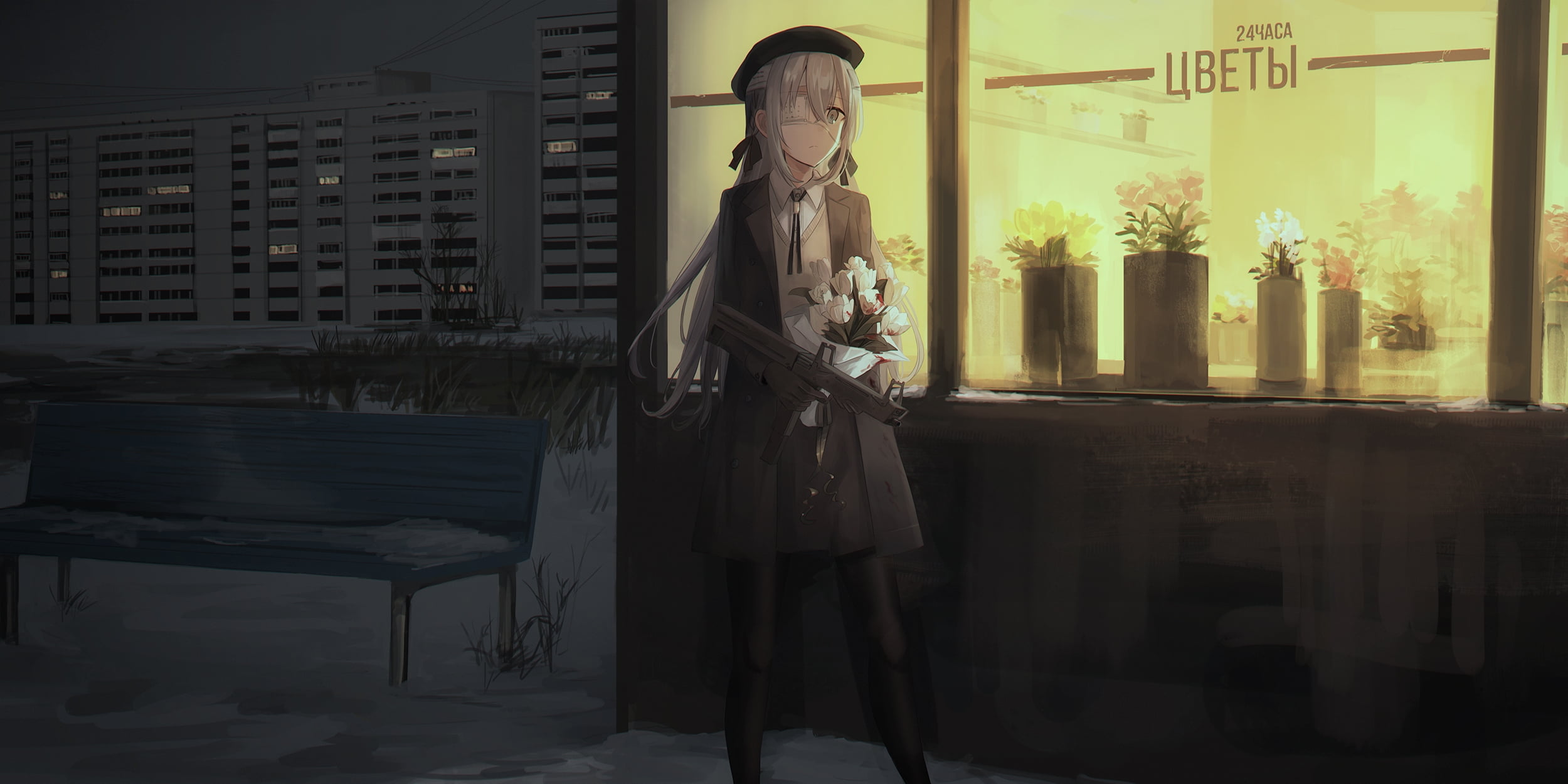 hair bows, standing, building, original characters, 2D, submachine gun, women, white flowers, eye patch, night, weapon, white hair, environment, snow, anime girls, HD Wallpaper