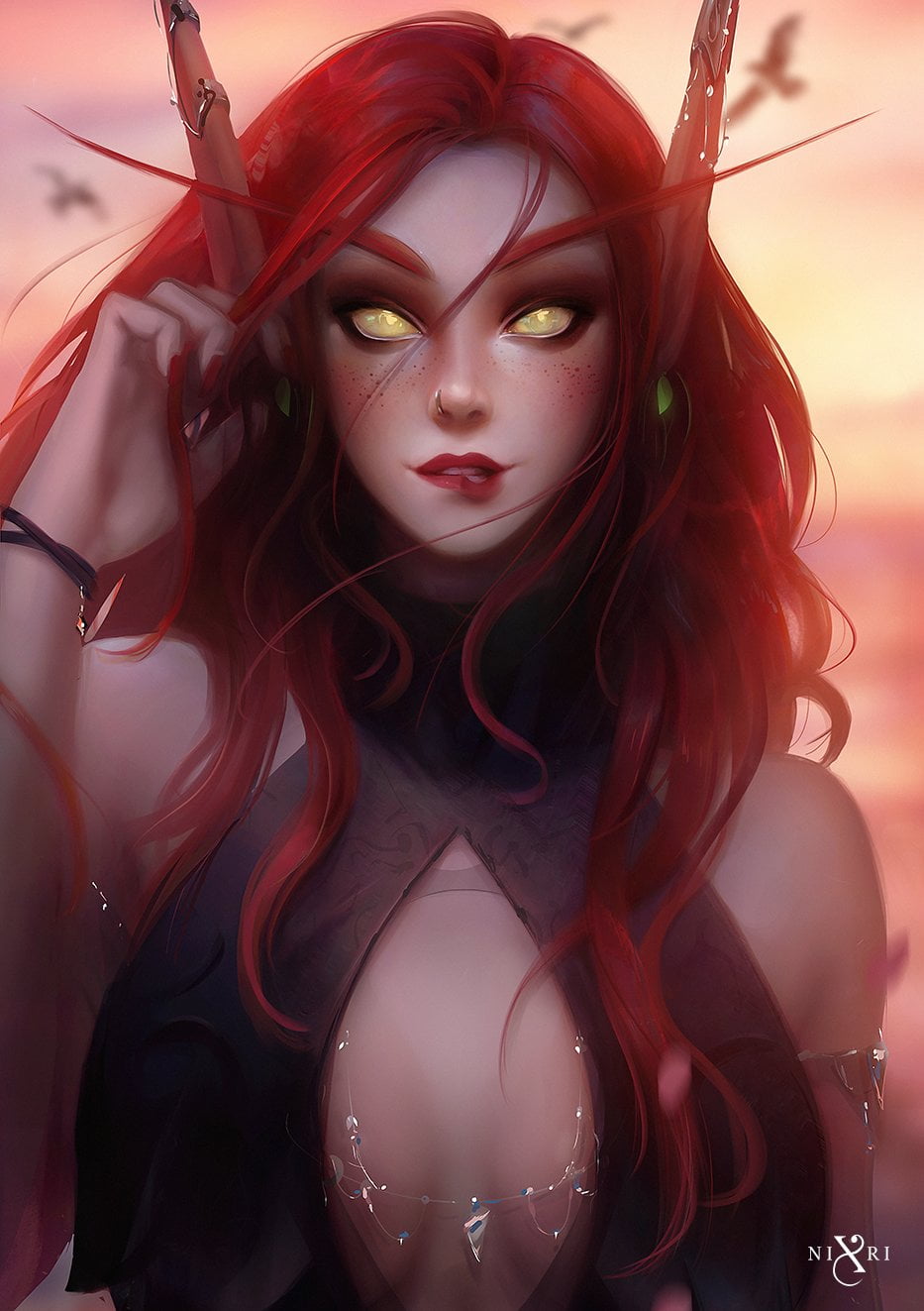 yellow eyes, fan art, biting lip, Blizzard Entertainment, fantasy girl, Blood Elf, digital art, piercing, Warcraft, artwork, World of Warcraft, women, redhead, Phone HD Wallpaper