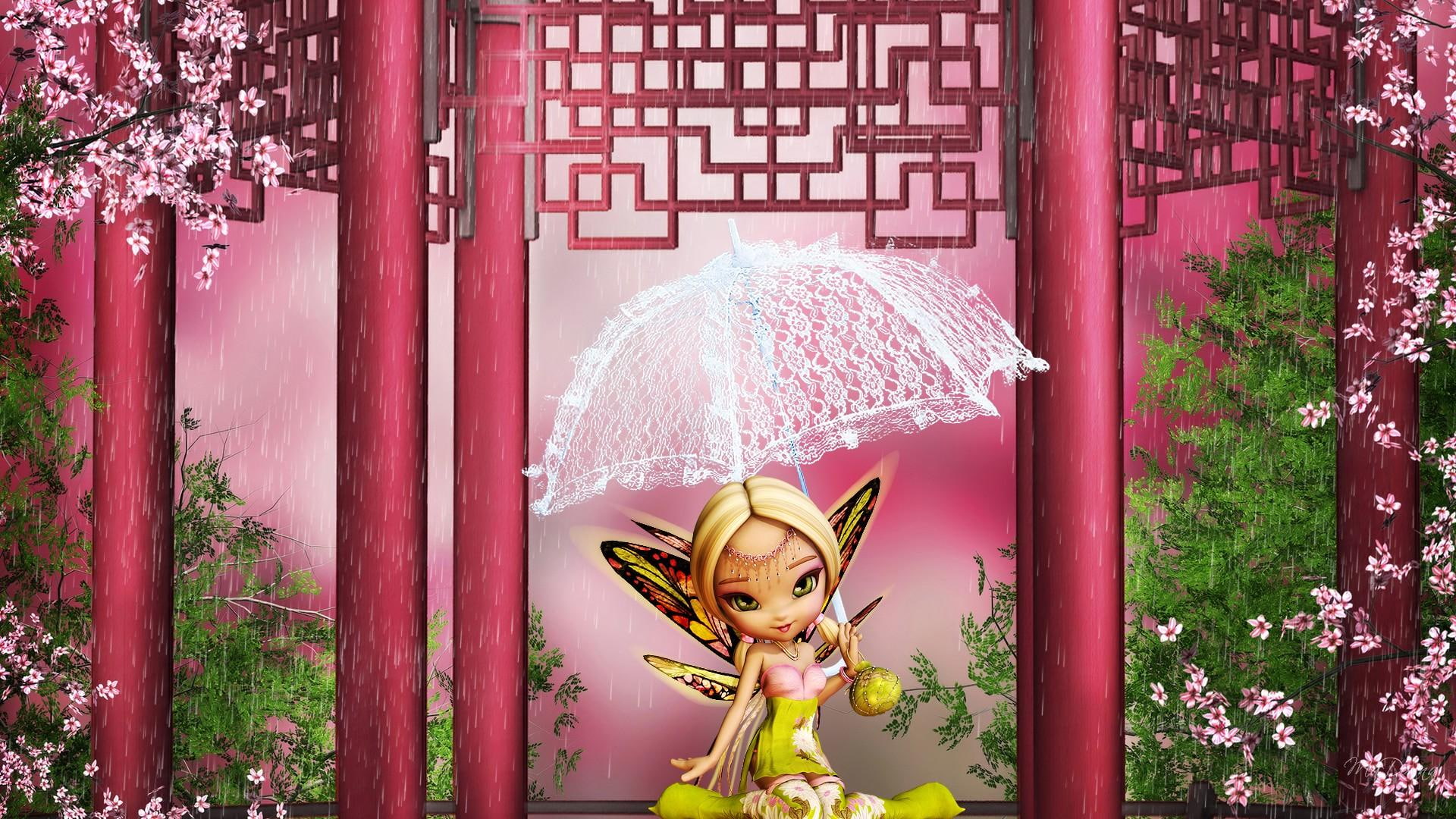rain, staying, pixie, spring, flowers, fairy, umbrella, cherry blossoms, dry, firefox persona, 1080P, sakura, pagoda, HD Wallpaper