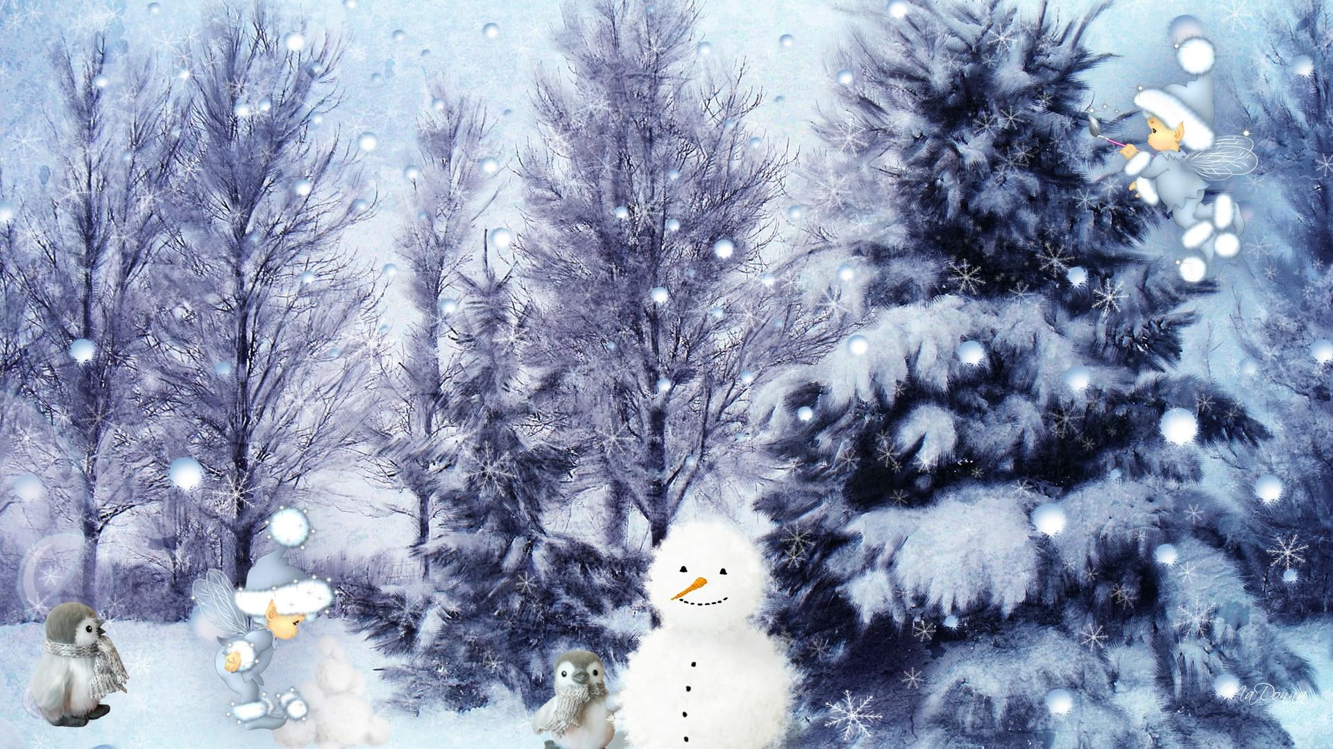 forst, snowman, ze, pixies, 1080P, christmas, play, snowing, playl, snowballs, firefox persona, winter, fairies, snow, HD Wallpaper