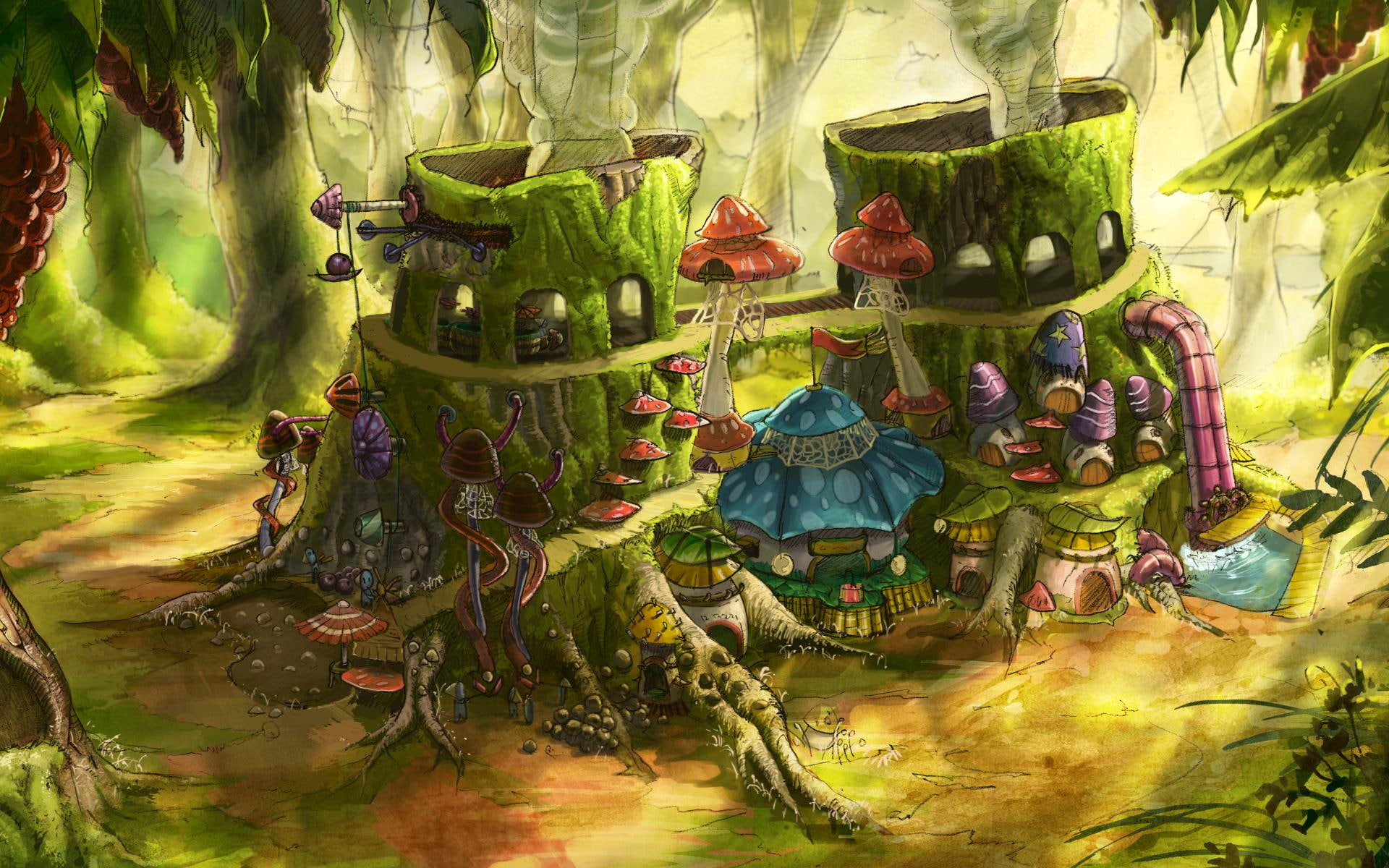 house, mushroom, houses, 1920x1200, fantasy, green, dwarfs, illustration, 1080P, dwelling, HD Wallpaper