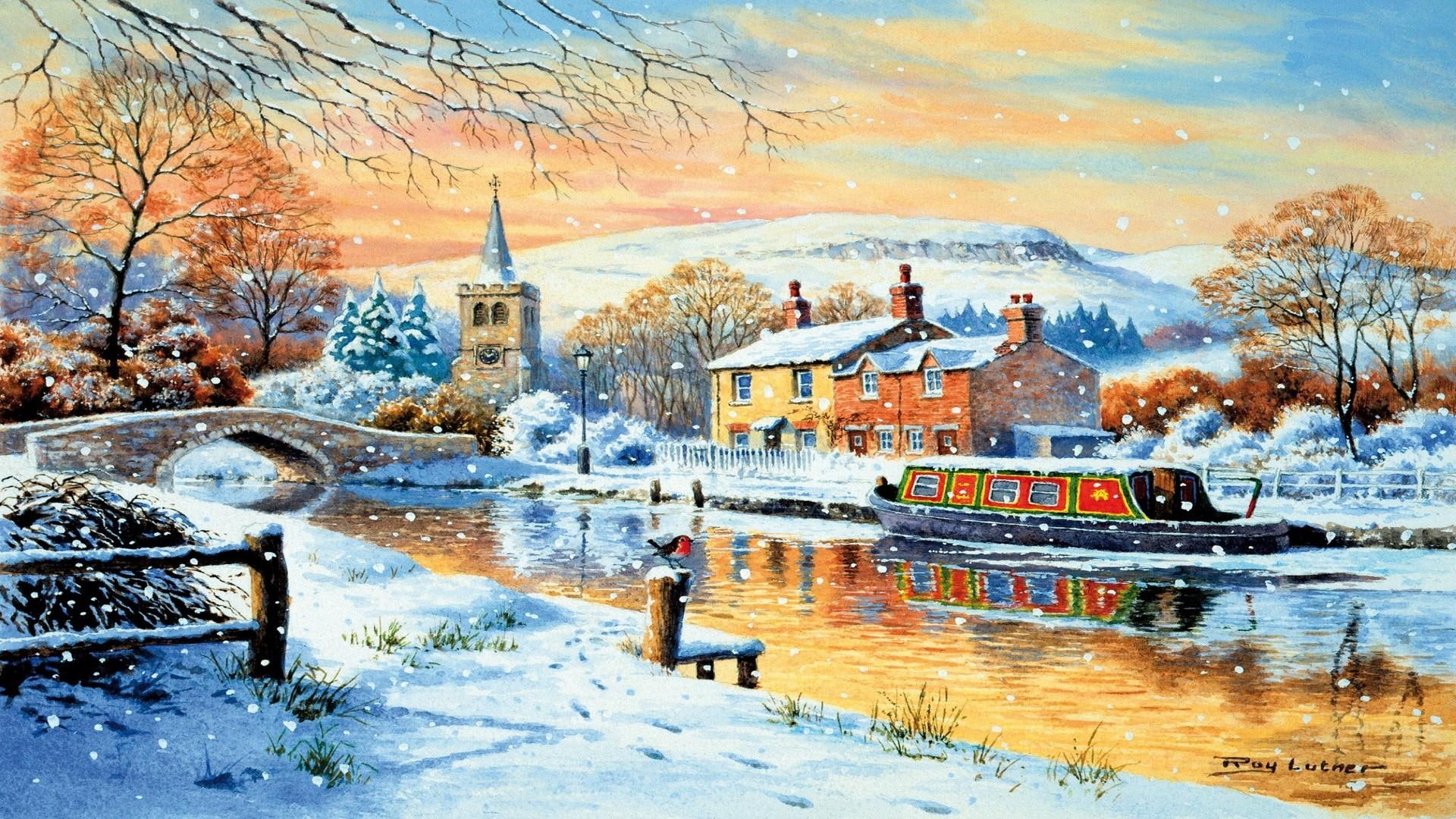 church, english, canal, snow, bridge, village, winter, 1080P, boat, robin, river, HD Wallpaper