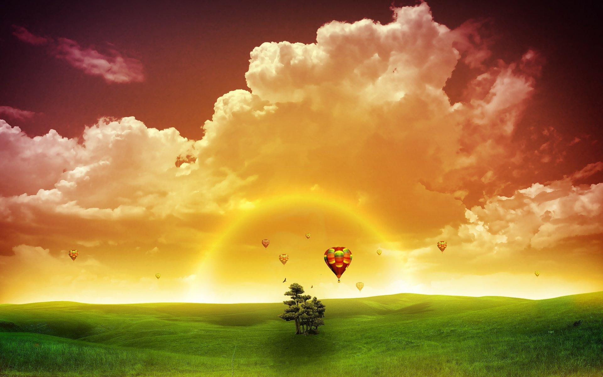 fantasy, field, balloon, aircraft, balloons, aircraft planes, hot air balloon, 1080P, fantsy, HD Wallpaper