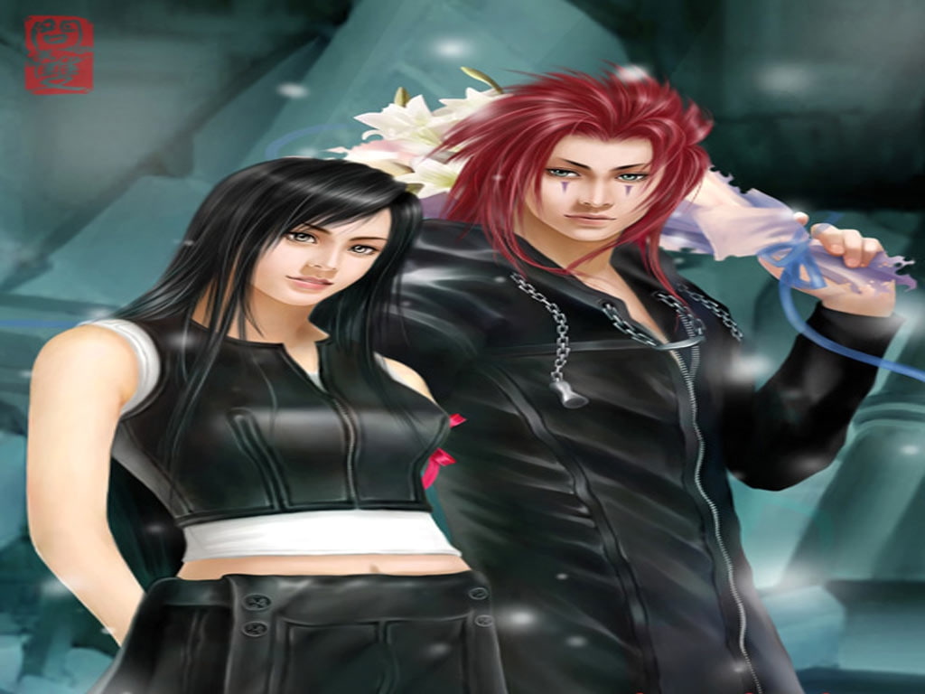 firends, 480P, Kingdom Hearts, final, final fantsy, axel, tifa, hd, ffvii, fanart, anime, art, fantasy, HD Wallpaper