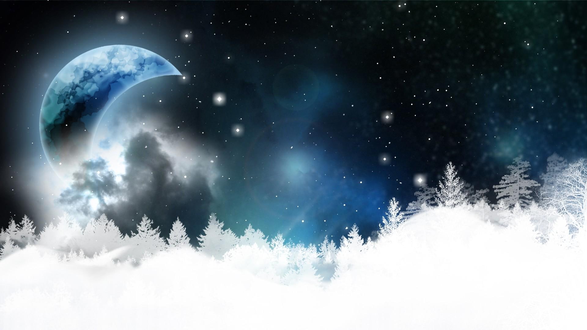 bright blue, 1080P, firefox persona, stars, night, snow, winter, trees, beautiful, mountains, cold, 3d and abs, moon, HD Wallpaper