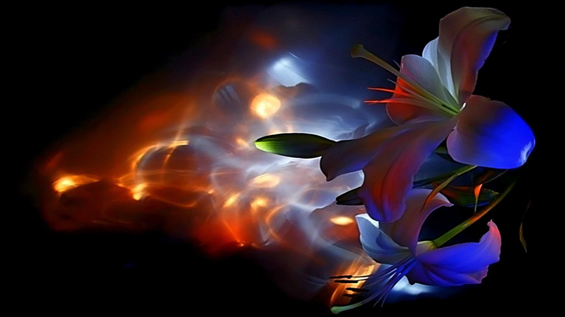 abstract, dreams, beauty, white, blue, illustration, flower, caring, tulips, 3d and abstract, loving, colorful, romantic, 1080P, green, HD Wallpaper
