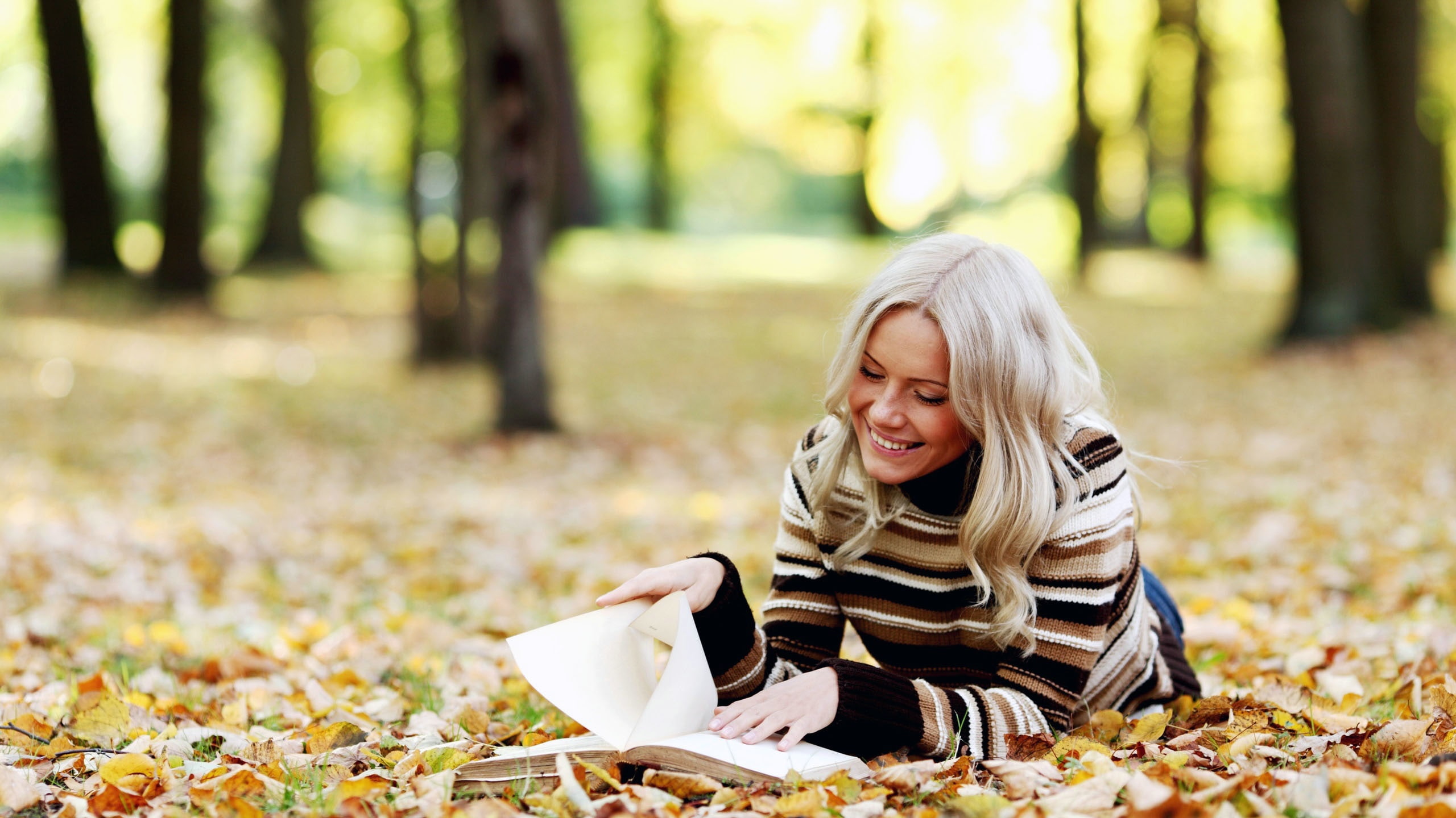 brown, women, 2K, Forest, Girl, black, stripe, sweater, s, Book, Autumn, white, Read, HD Wallpaper
