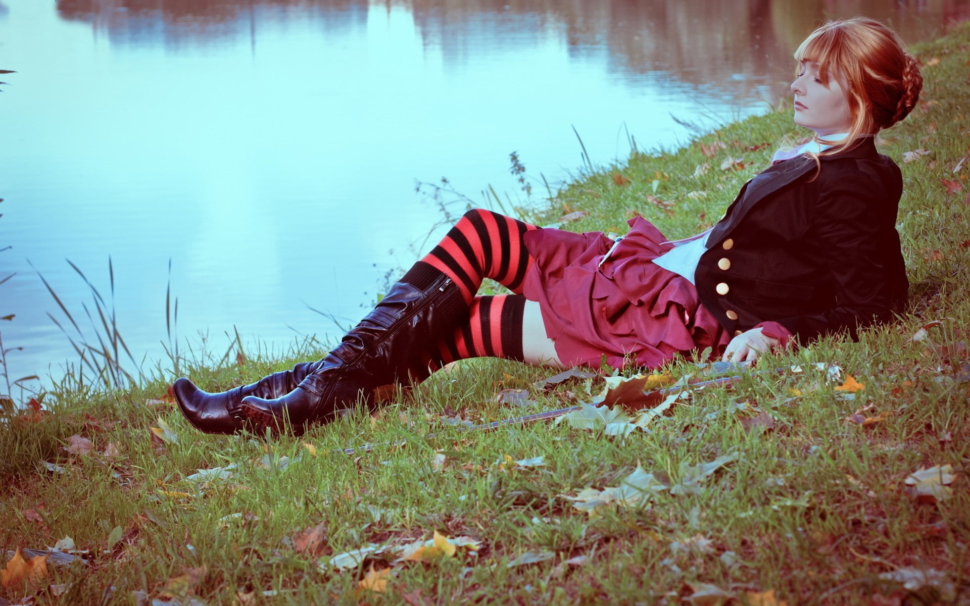 women outdoors, plant, real people, hairstyle, leisure activity, land, grass, outdoors, relaxing, sitting, knee-highs, 1080P, red skirt, nature, boots, HD Wallpaper