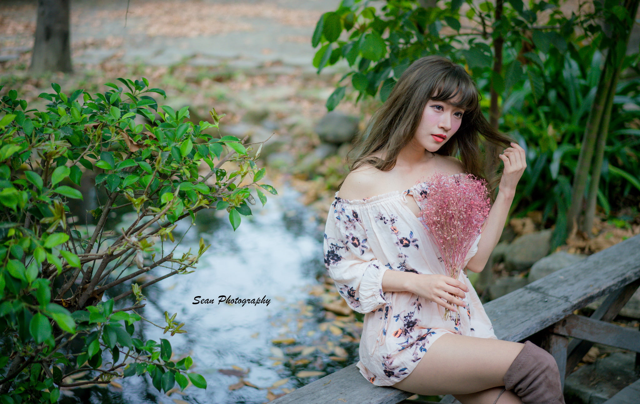 young adult, teenager, beautiful woman, plant, nature, young women, fashion, front view, Asian, brunette, 1080P, holding hair, contemplation, beauty, Flower Dress, HD Wallpaper