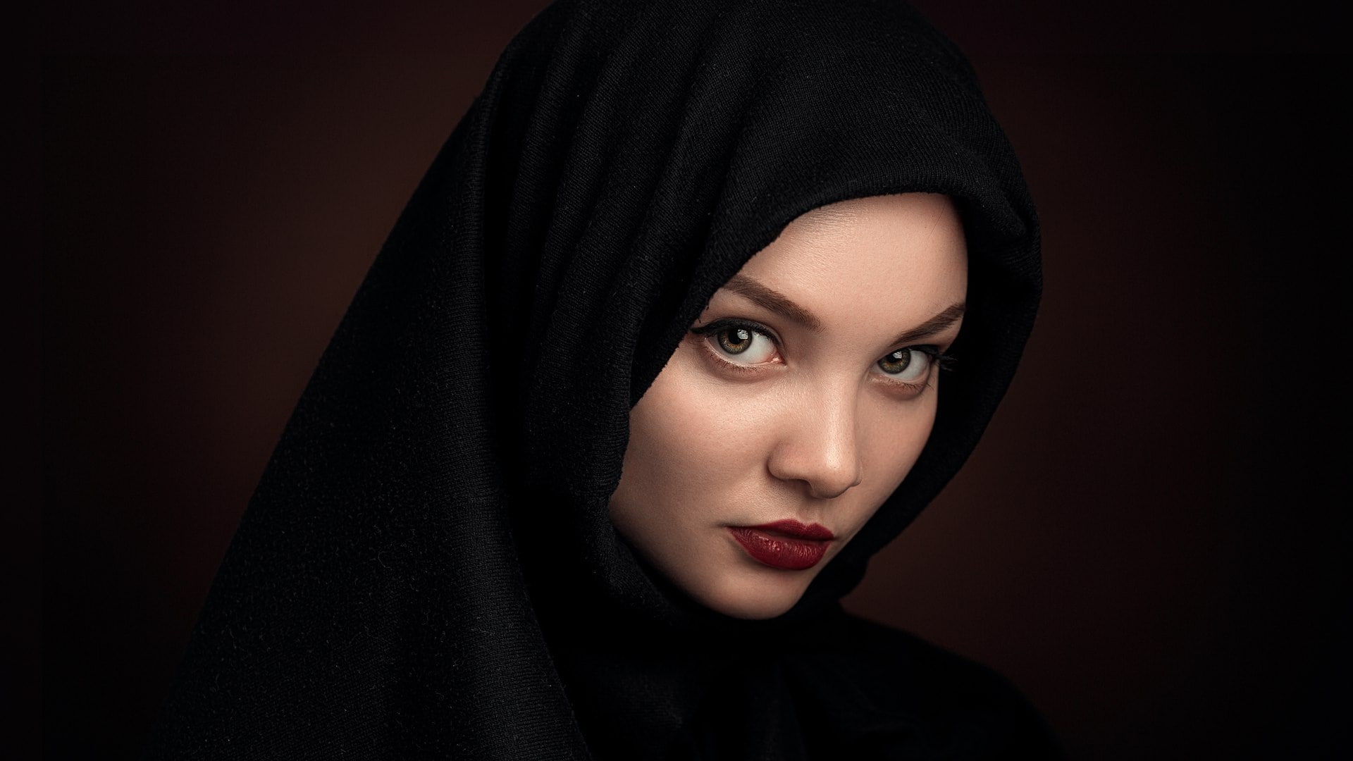 human face, black color, fashion, hood - clothing, cute girl picture 1920x1080, body part, beauty, black background, young adult, portrait, indoors, adult, HD Wallpaper