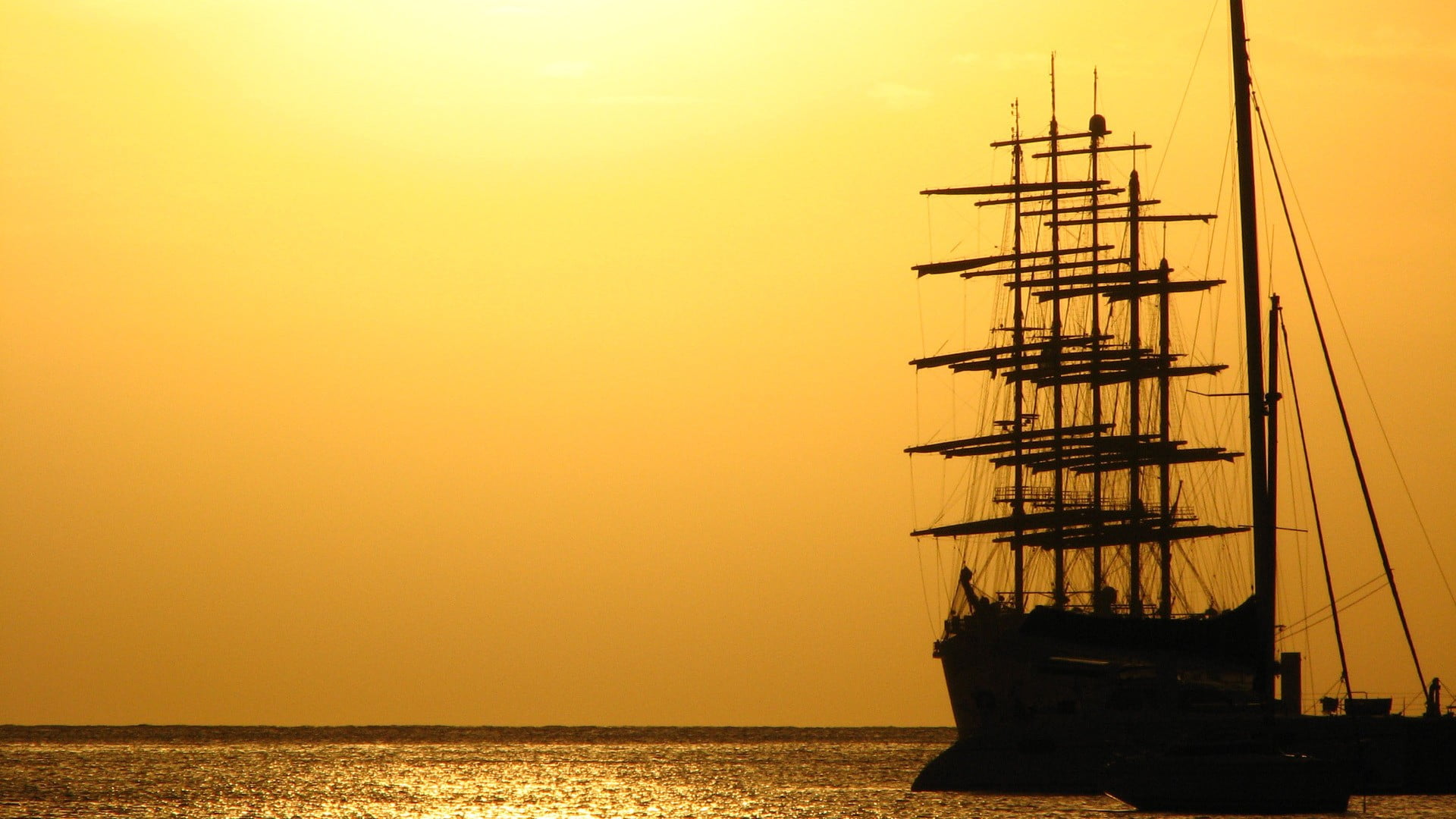 sailing ship, tranquility, sea, vehicle, no people, transportation, beauty in nature, outdoors, mode of transportation, nature, rigging, sky, silhouette, HD Wallpaper