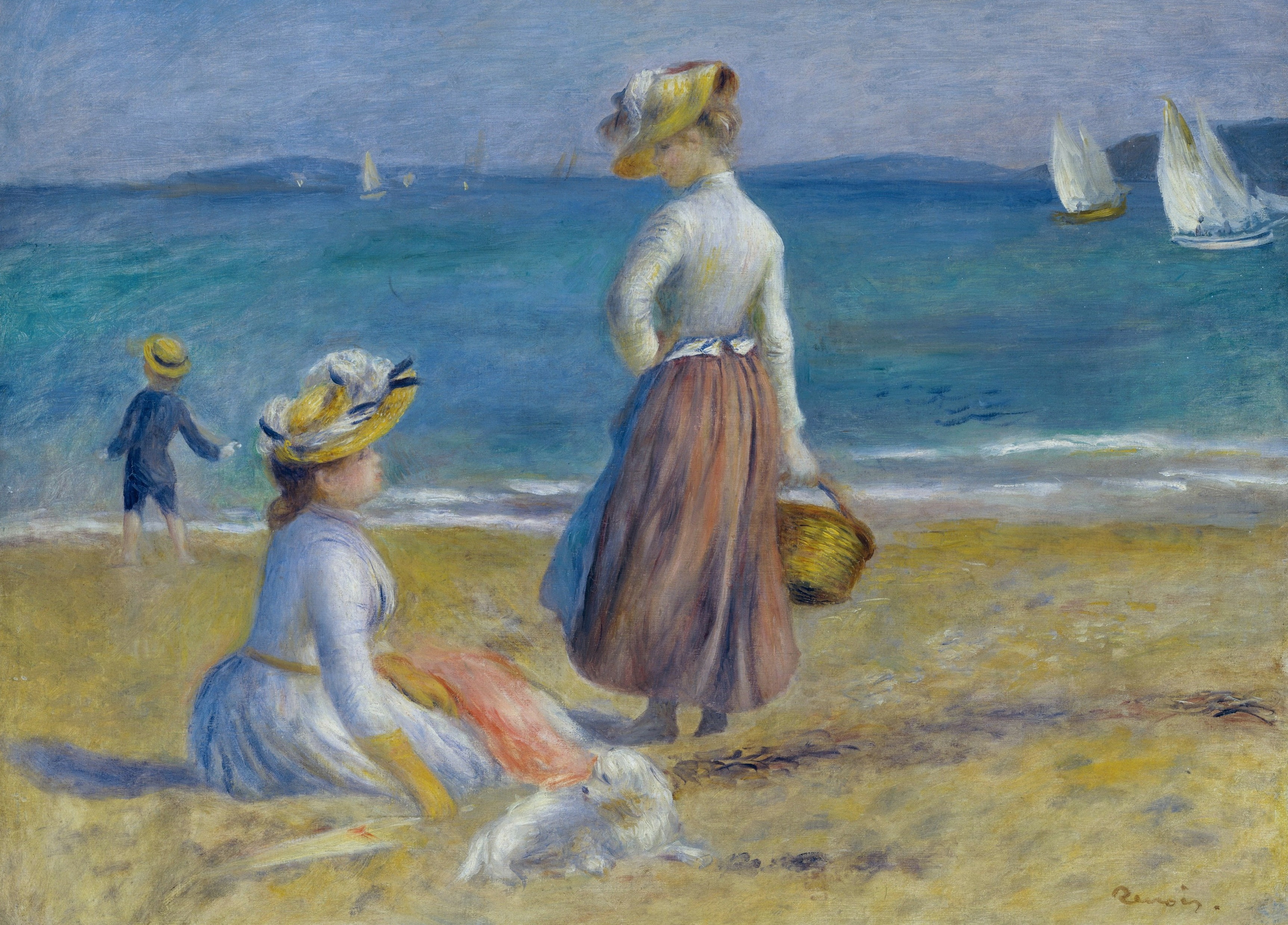 Figures on the Beach, sea, picture, sail, Pierre Auguste Renoir, 2K, girls, boat, HD Wallpaper