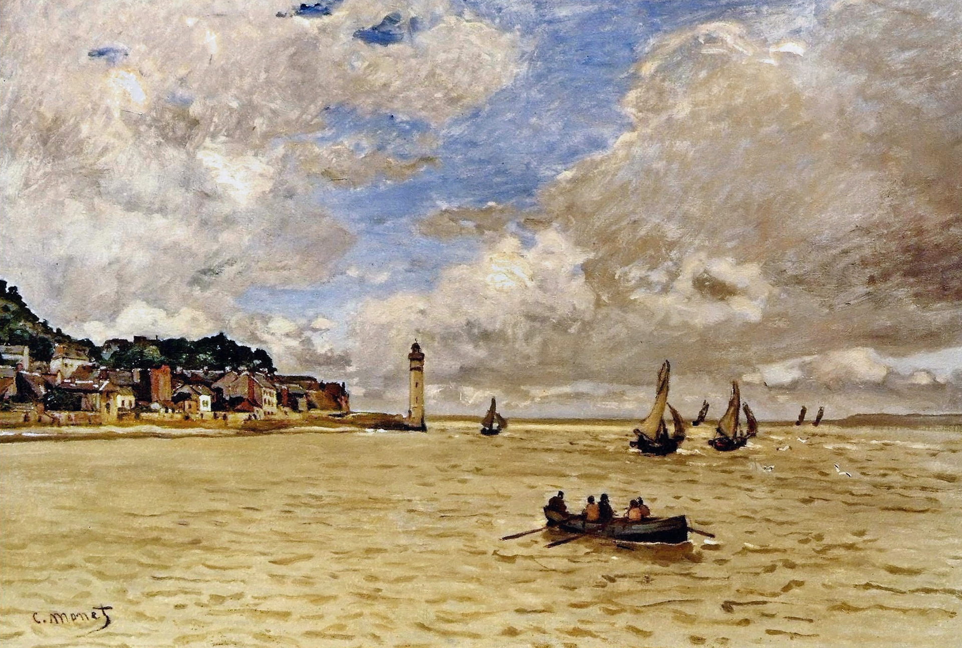 seascape, boat, Claude Monet, picture, sail, 1080P, lighthouse, Lighthouse at the Hospice, HD Wallpaper