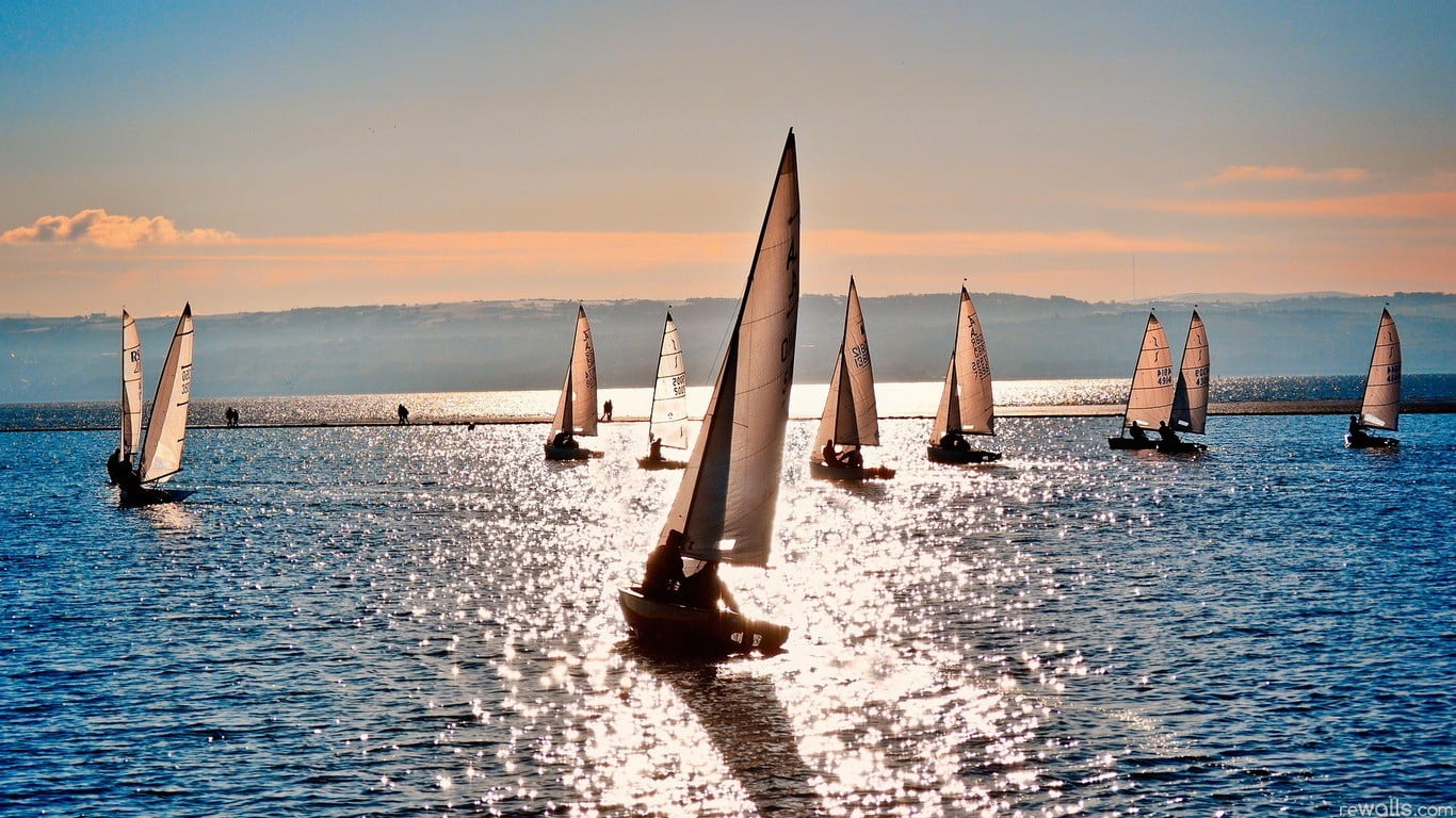 sunlight, sailboats, post, reflection, sky, tranquil scene, sailing ship, cloud - sky, water, horizon over water, horizon, 720P, transportation, sunset, HD Wallpaper