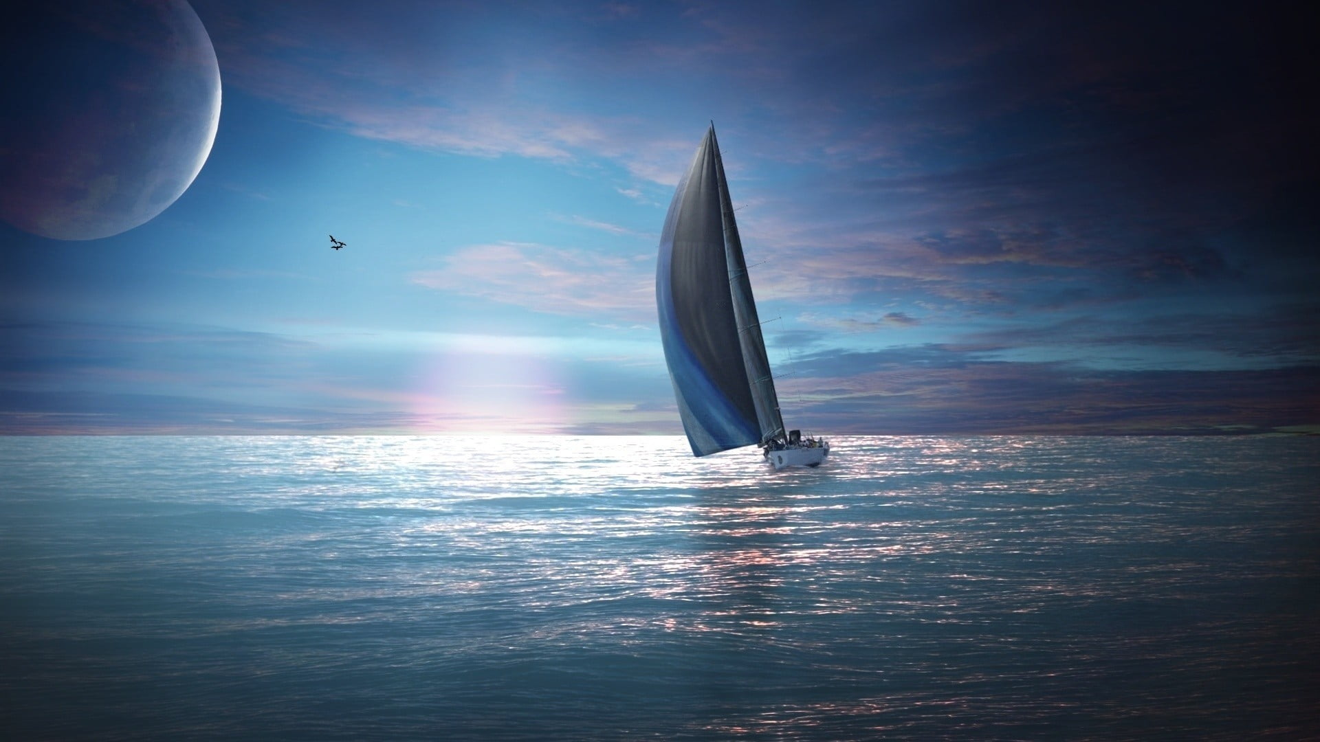 nature, outdoors, water, transportation, boat, sailboat, no people, cloud - sky, horizon over water, horizon, nautical vessel, waterfront, sailing, digital art, HD Wallpaper