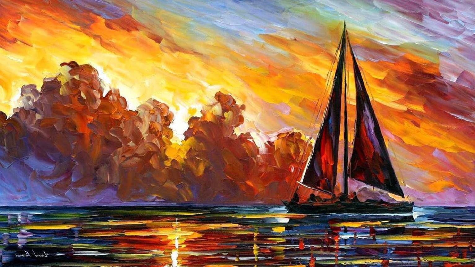 painted, orange color, outdoors, sea, transportation, 720P, ship, nautical vessel, reflection, creativity, human representation, representation, sunset, HD Wallpaper