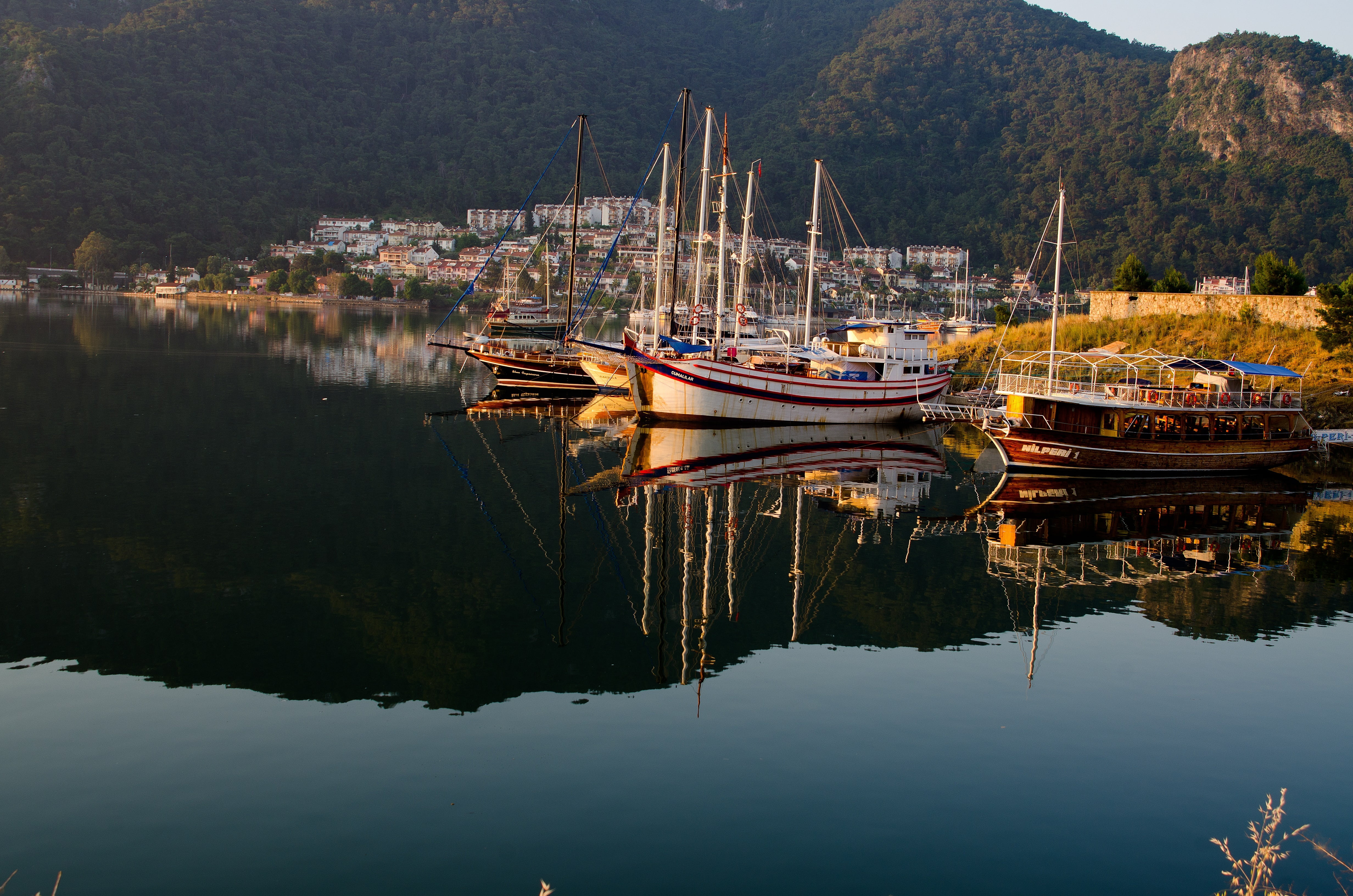 fishing boat, transportation, water, harbor, 4K, booked, travel, mountain, lake, architecture, moored, mode of transportation, turkey, nautical Vessel, HD Wallpaper