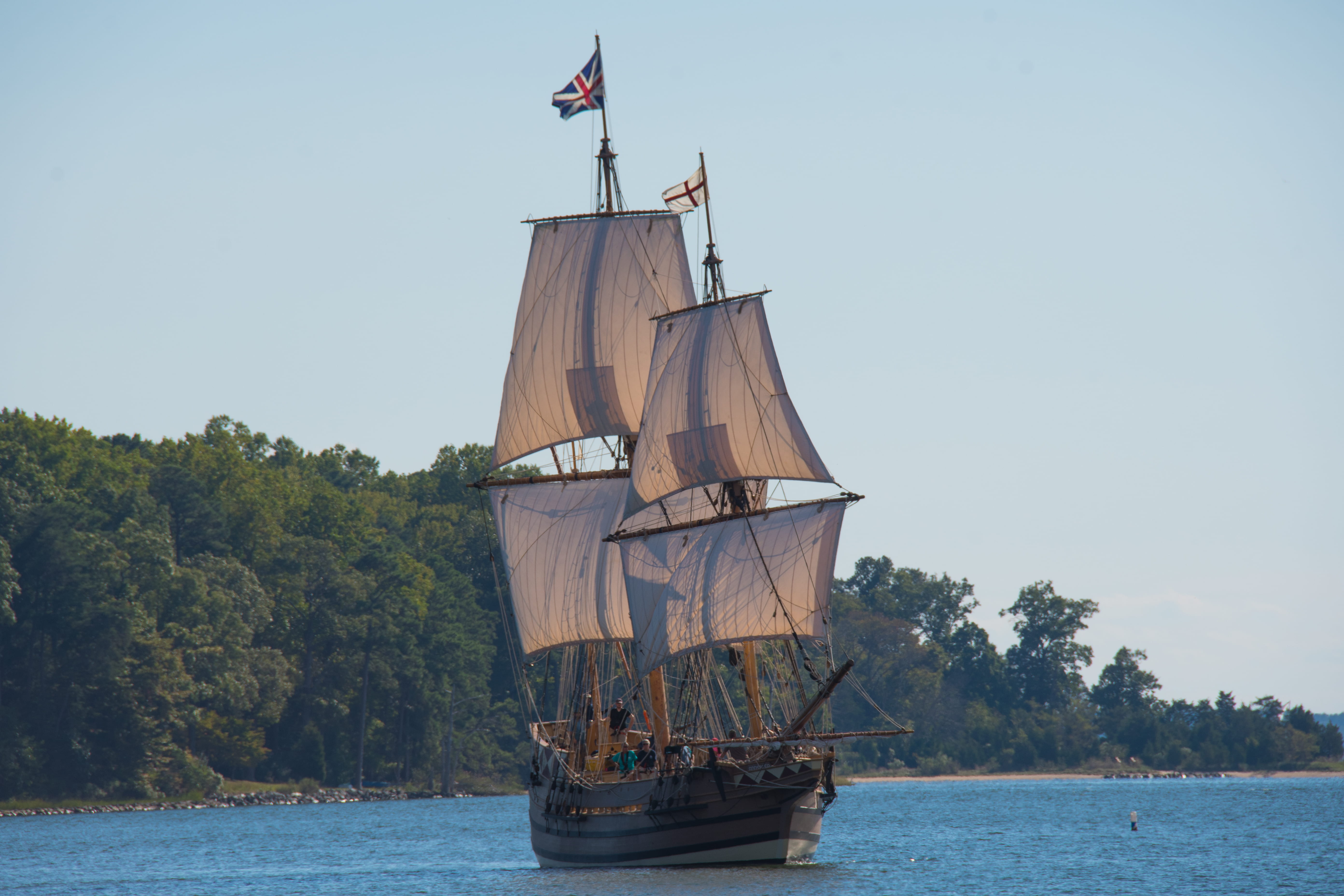 pirate ship, coastline, godspeed, sailing, nature, mode of transportation, water, transportation, flag, waterfront, sea, near, tree, plant, tall ship, day, HD Wallpaper