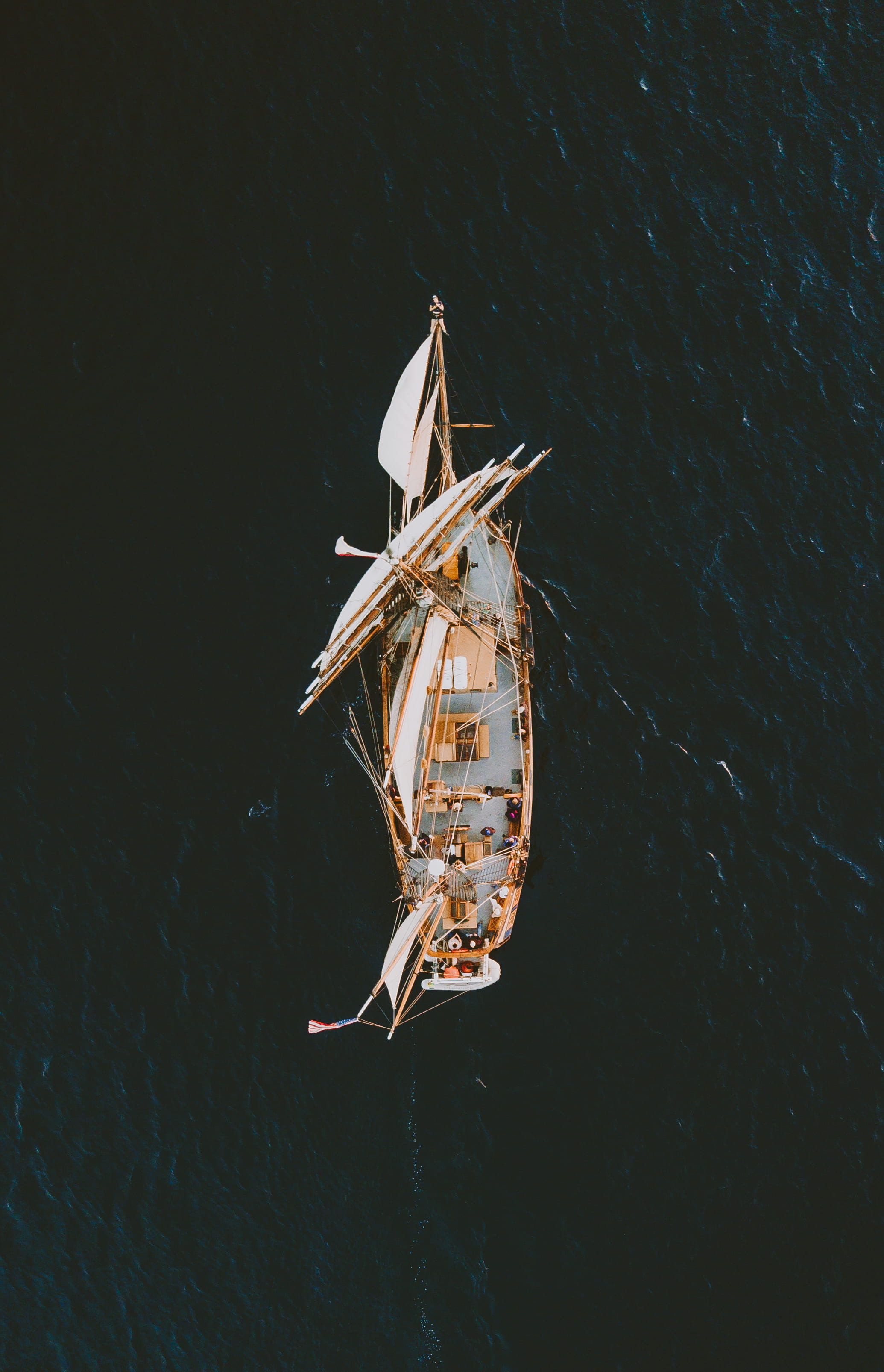 outdoors, 2K, captain, wind, above, drone view, travel, white, ship, pilgrim, nature, galleon, sail, sailor, dark, photography, floating on water, high angle view, Phone HD Wallpaper