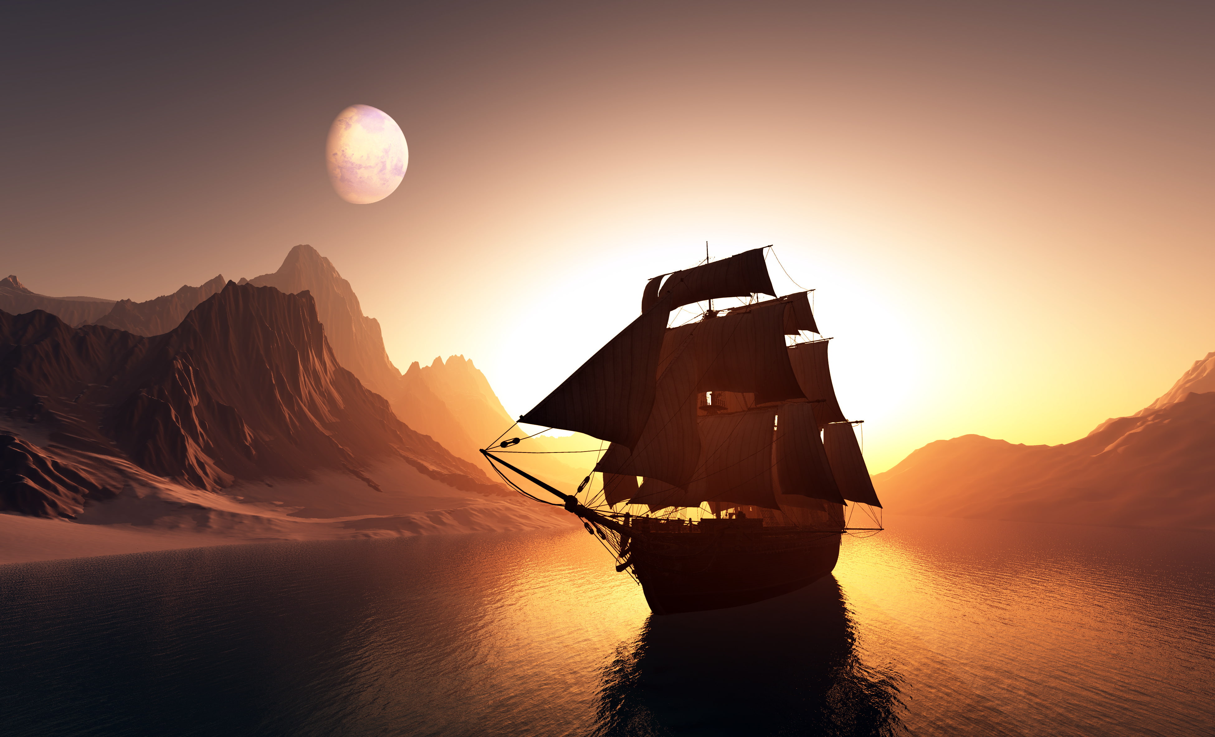 digital, no people, scenics - nature, adventure, brown, sail, mountain range, the sky, non-urban scene, backgrounds, tranquil scene, sailing Ship, HD Wallpaper