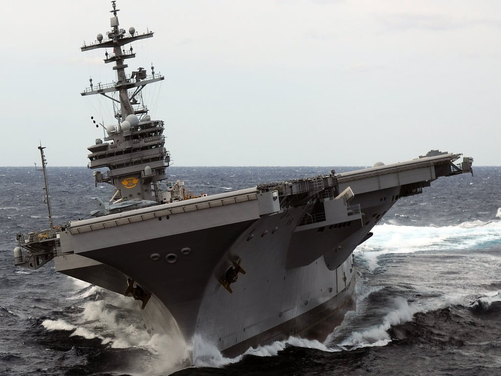 navy, transportation, ship, 480P, white, nature, motion, horizon, day, aircraft carrier, outdoors, water, aggression, jet, sea, wave, military, nautical vessel, HD Wallpaper