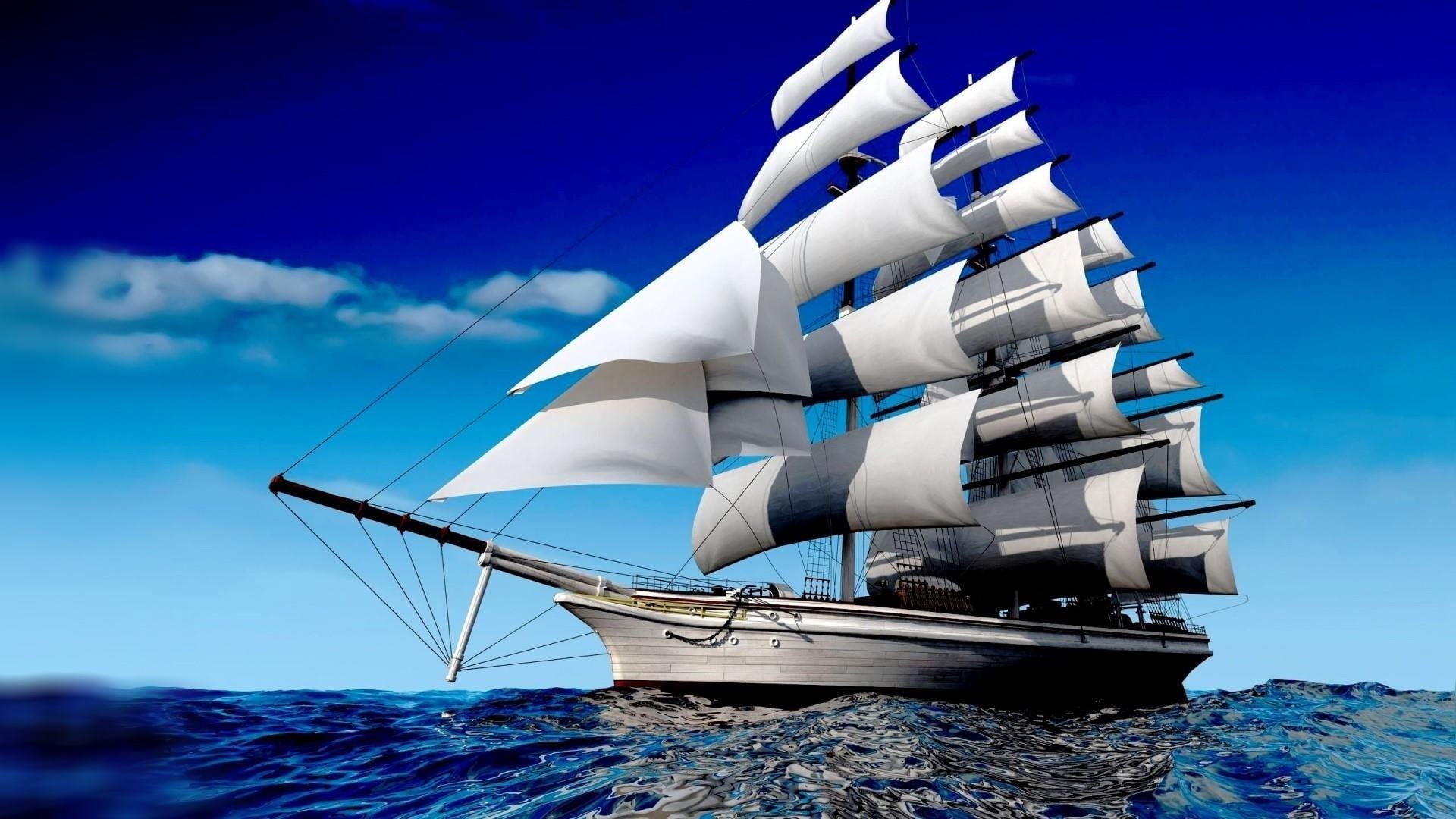 masted ship, blue sky, blue water, sea, mast, ship, sky, schooner, 1080P, boat, space, HD Wallpaper