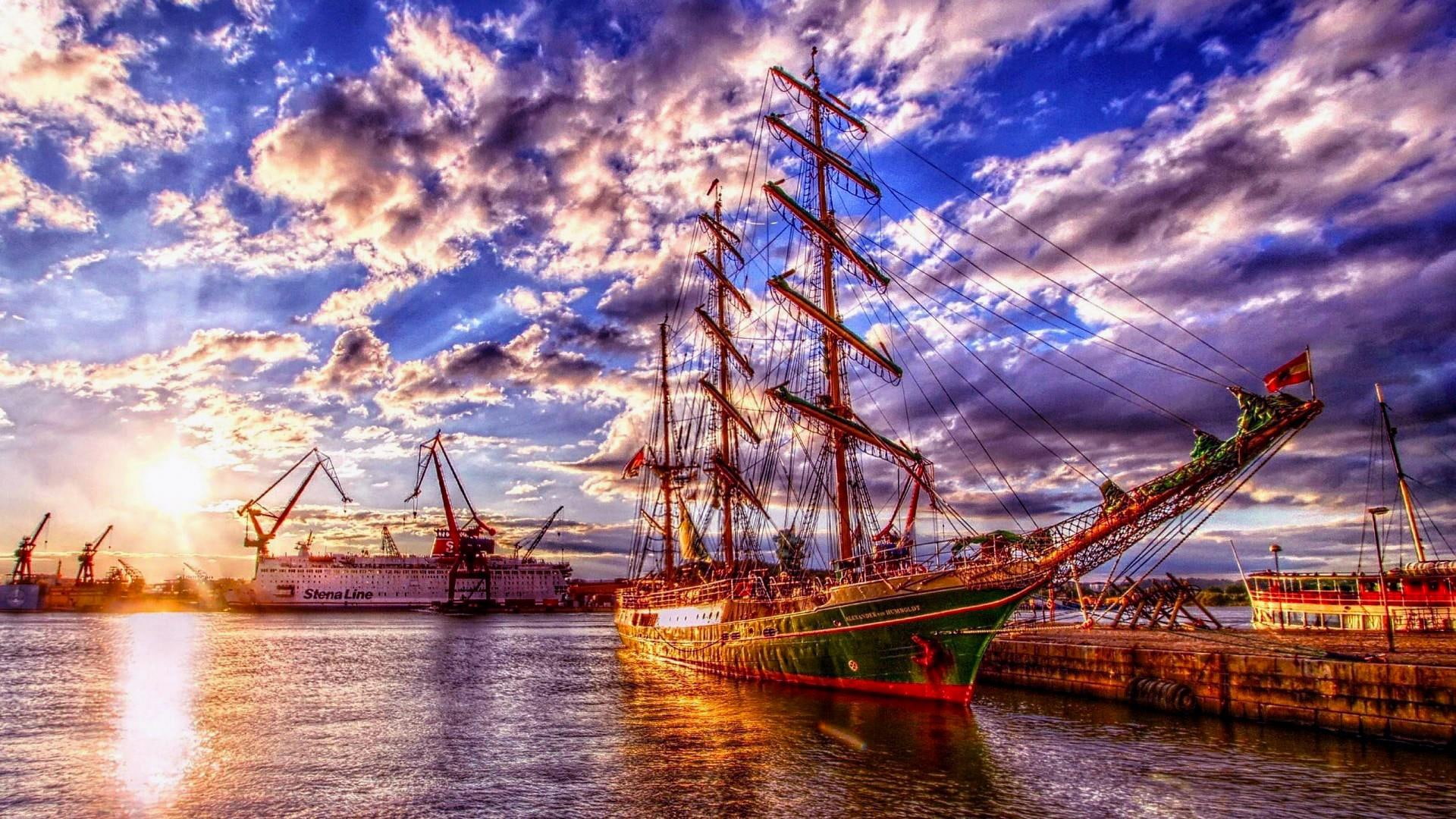 masts, ship, sunshine, sky, 1080P, three masts, technics, HD Wallpaper