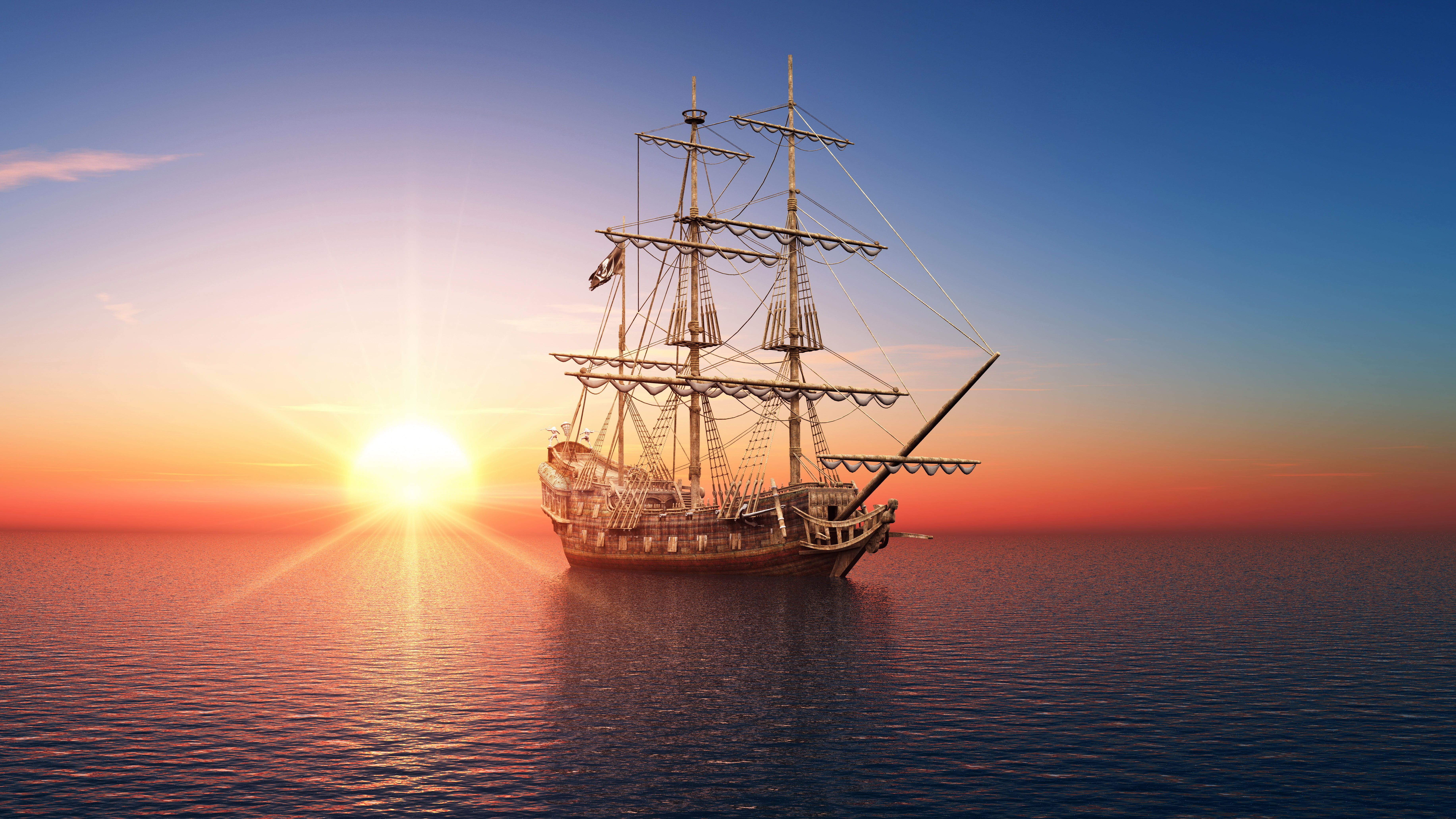 pirate - Criminal, horizon over water, summer, travel Destinations, passenger craft, dawn, 5K, mast, sailing Ship, sailing, rigging, ship, history, old-fashioned, HD Wallpaper