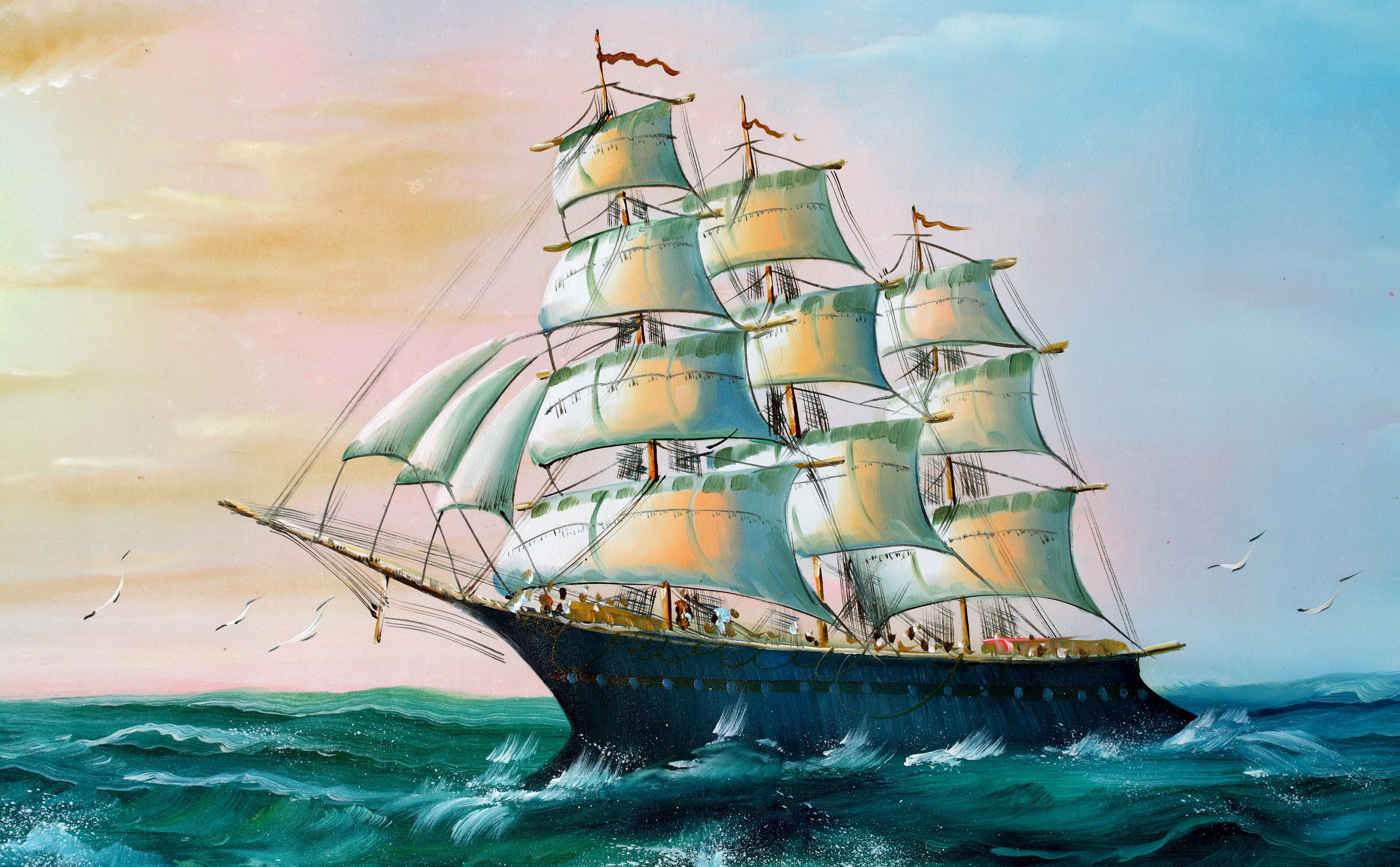 art and craft, yacht, history, white, brigantine, travel, mode of Transport, blue, wind, outdoors, sailing Ship, Seagulls, 2K, craft, motion, cultures, HD Wallpaper