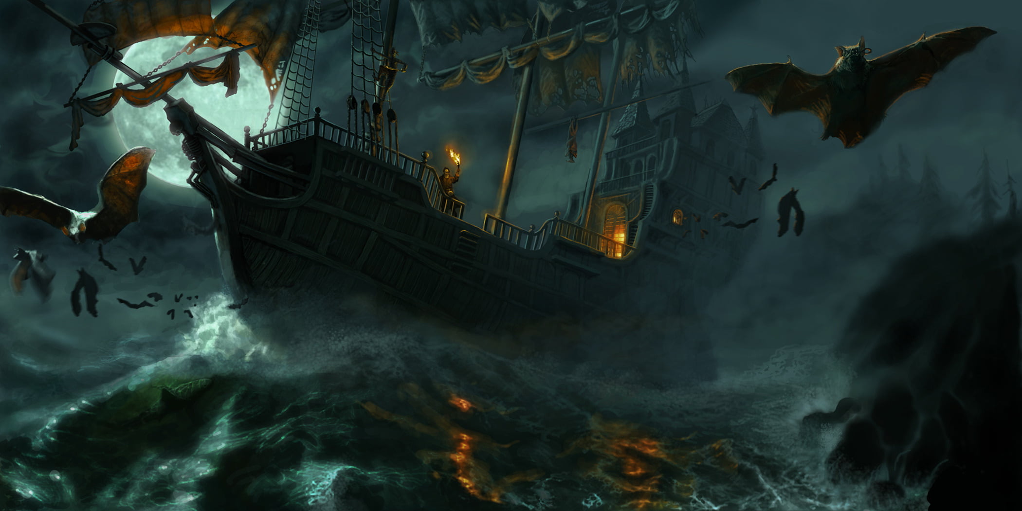 mode of transportation, night, sail, digital, sailing Ship, vampires, sea life, ship, transportation, floating on water, no people, spooky, animal wildlife, HD Wallpaper
