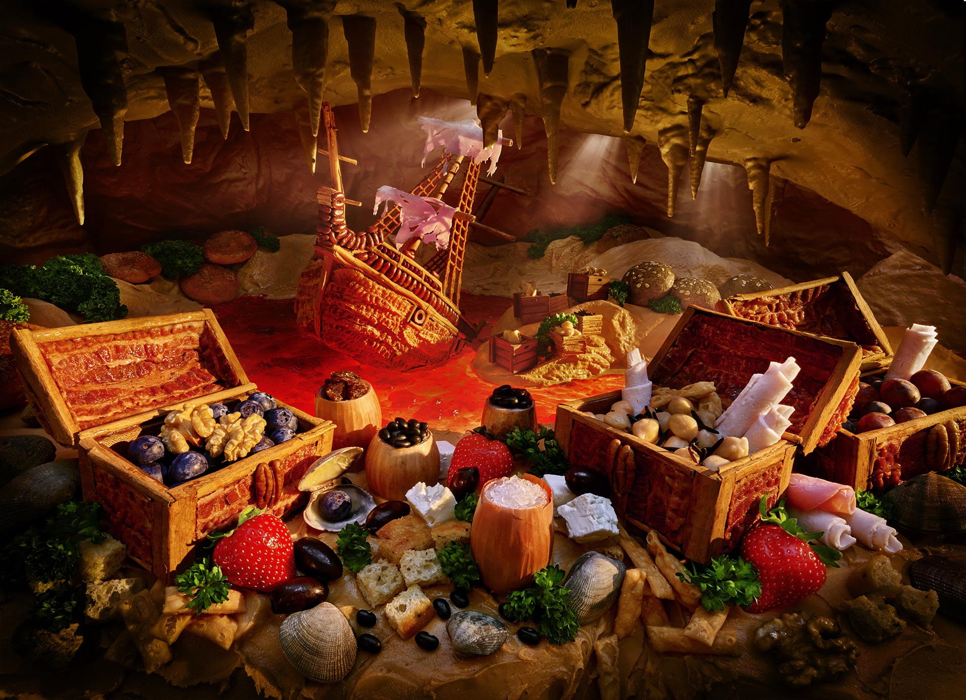 Brigantine, the grotto, Bay, 1080P, icicles, rays of light, grotto, съедобные пейзажи, foolscap, plums, walnuts, vegetables, Carl Warner, strawberry, treasure chests, HD Wallpaper