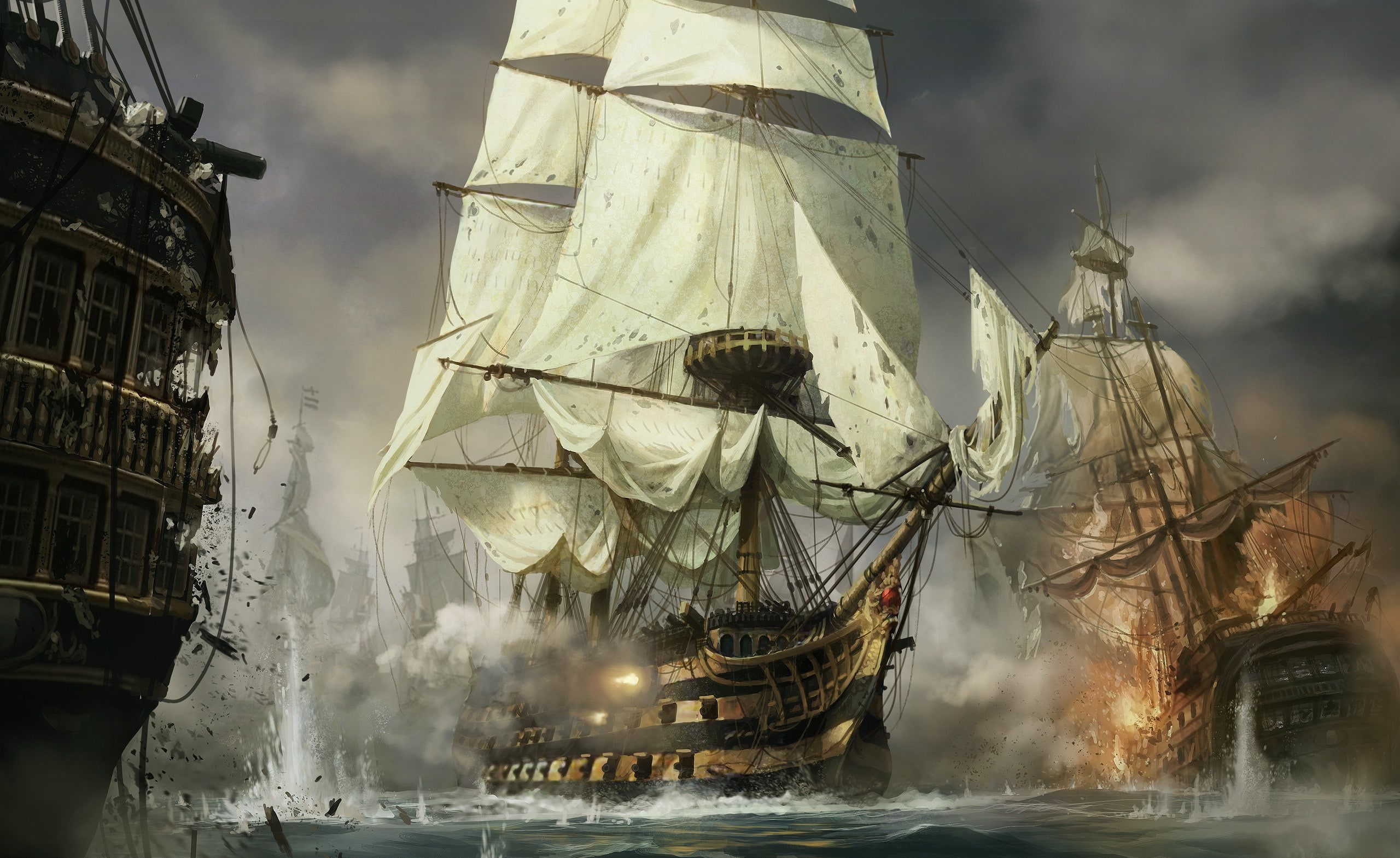 transportation, sailing, rigging, sailboat, sculpture, napoleon total war, sea, nautical vessel, tall ship, day, architecture, built structure, cloud - sky, HD Wallpaper