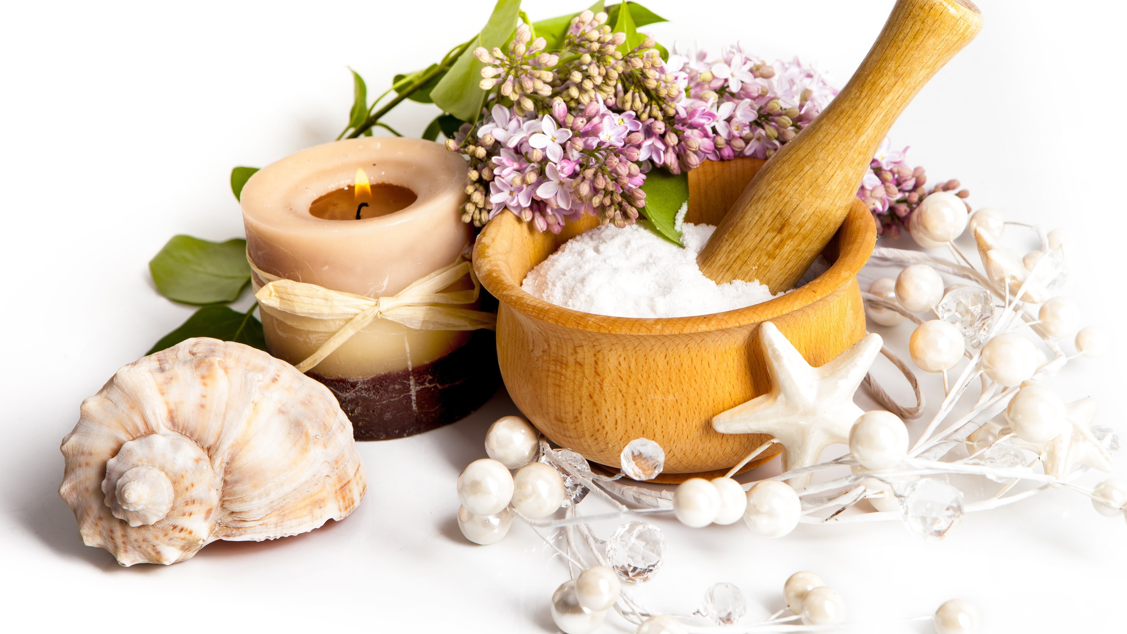 4K, Flowers, Seashells, Candles, Salt, HD Wallpaper