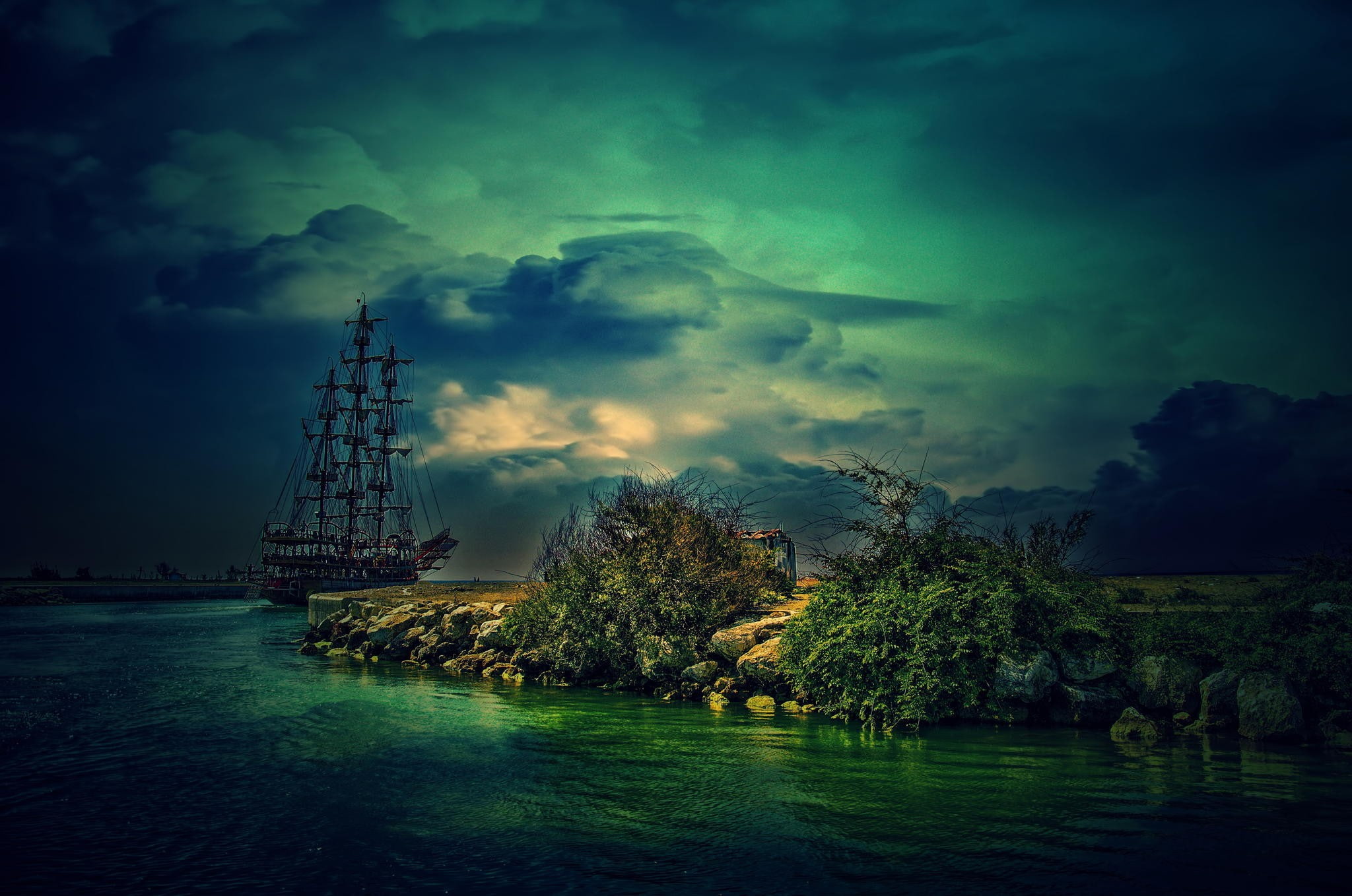 fantasy art, ship, sailing ship, 1080P, clouds, sea, HD Wallpaper