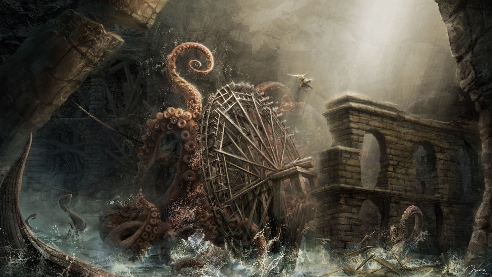 1080P, arch, tentacles, octopus, art, wheel, monster, Kraken, HD Wallpaper