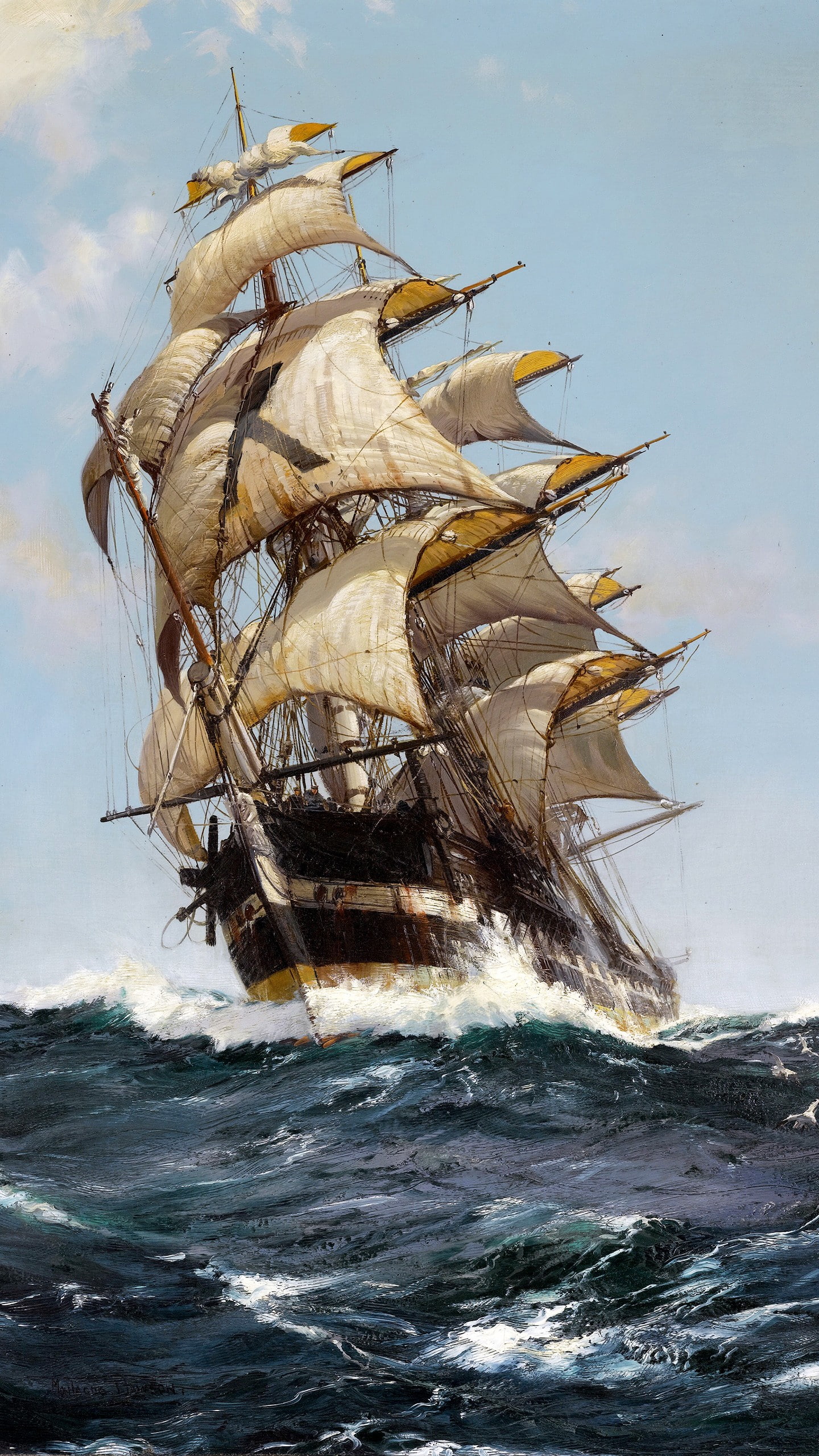 Portrait Display, Classic Art, 2K, Sailing Ship, artwork, Montague Dawson, sea, Sailor, waves, clouds, painting, Phone HD Wallpaper