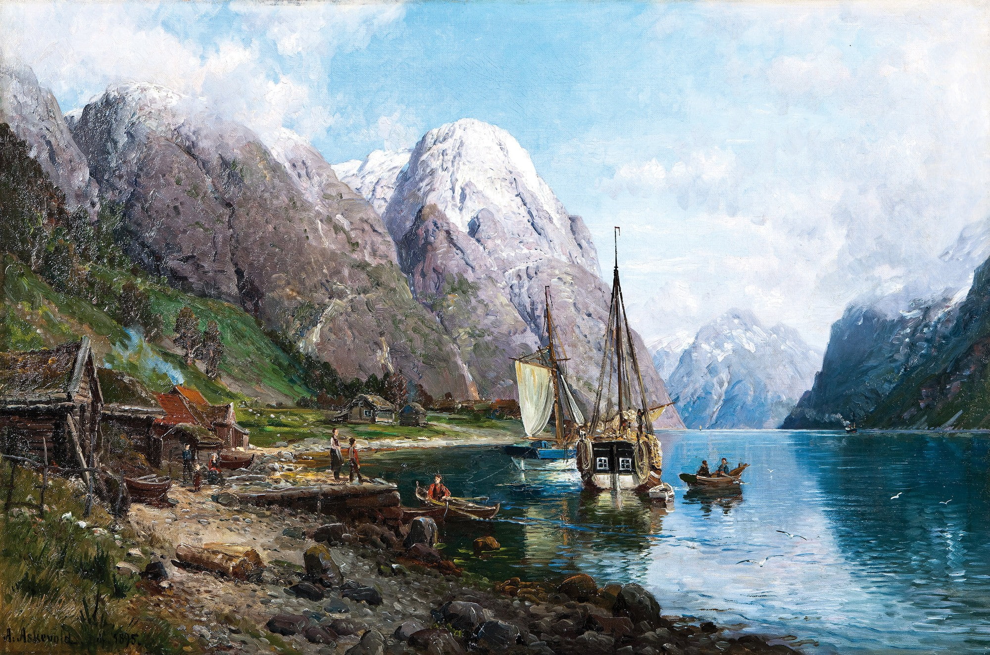 nature, solid, rock, mountain, 1080P, scenics - nature, tranquil scene, anders askevold people artwork painting classic art traditional art norway nature landscape ship sailing ship boat mountains lake house clouds snowy peak, HD Wallpaper
