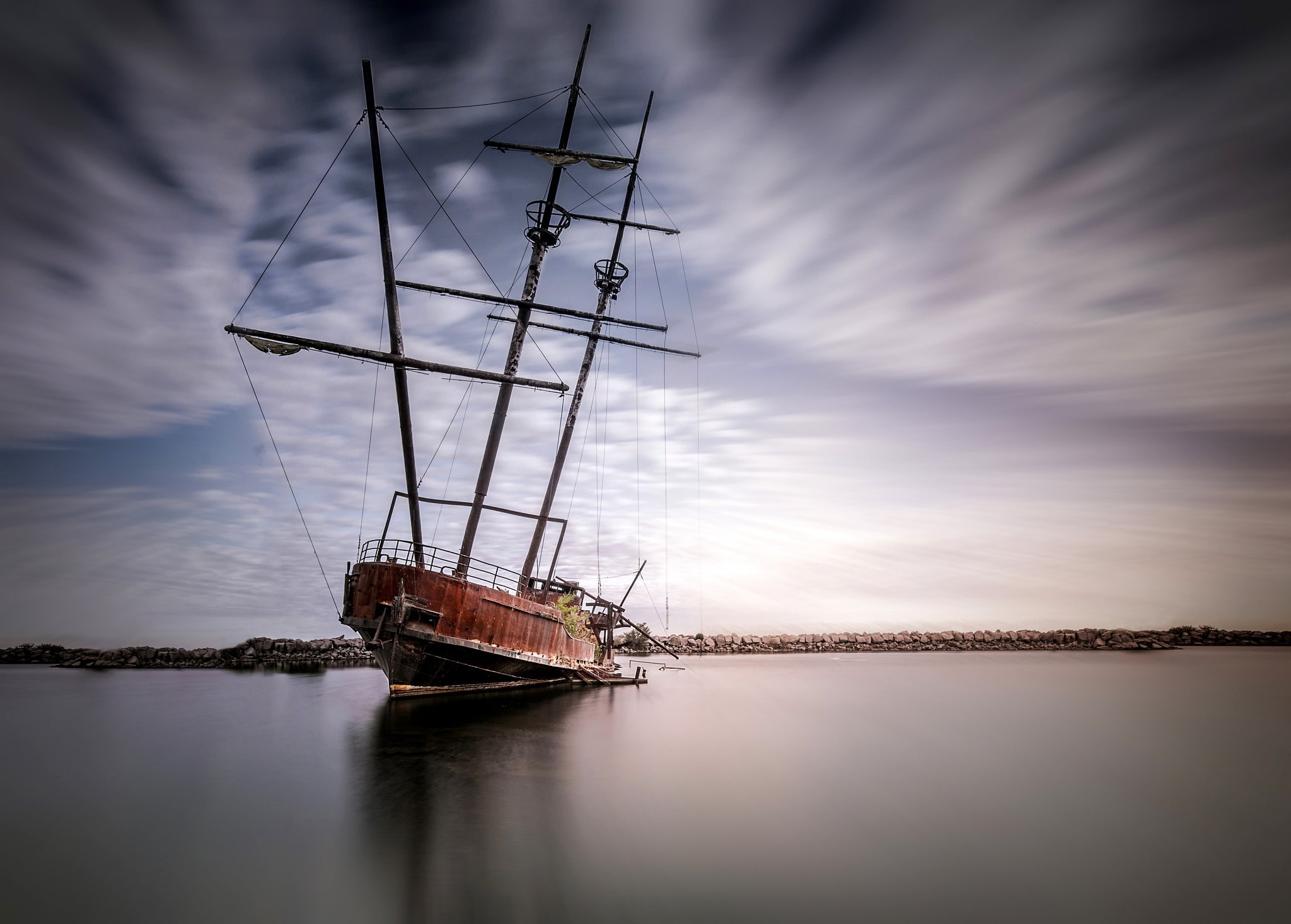 reflection, mode of transportation, sky, photography nature landscape ship clouds sea bismarck ship rocks, water, nautical vessel, sailboat, scenics - nature, HD Wallpaper