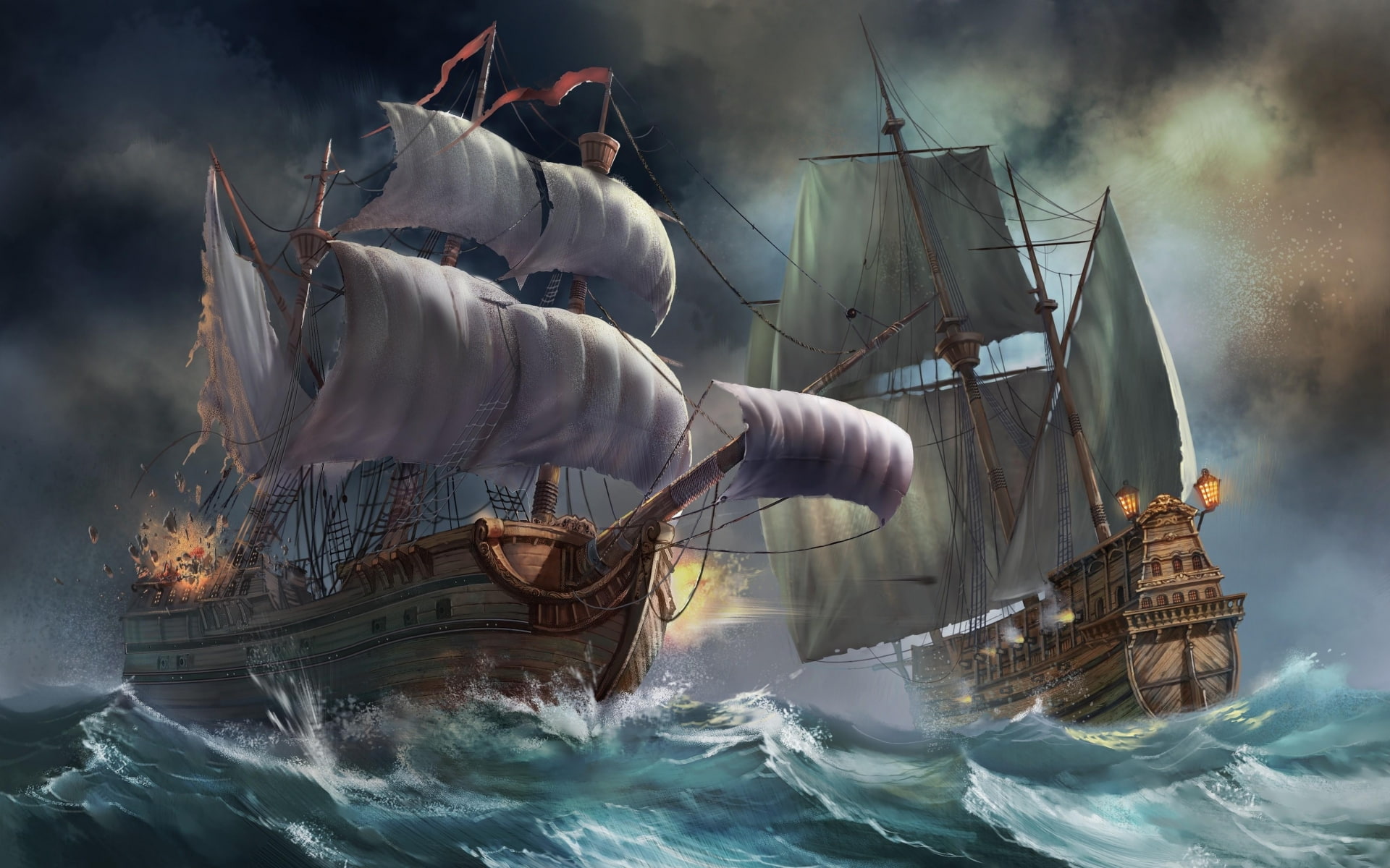 art, battle, 1080P, waves, ocean, war, ships, fantasy, HD Wallpaper