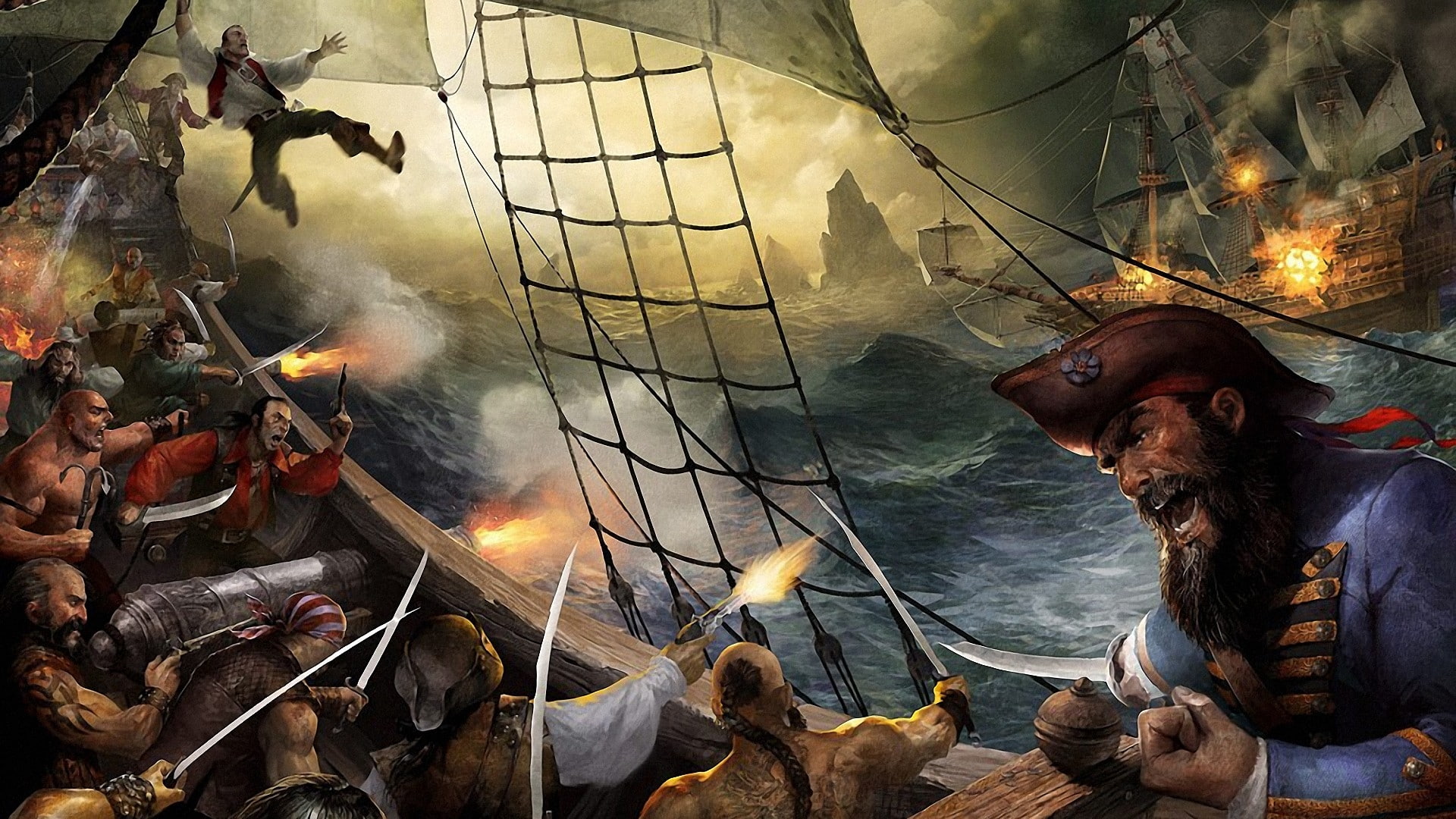 1080P, Guns, sails, nature, sailor, hd, swords, digital, ocean, ships, pirates, battles, art, adventure, cannons, oceans, sea, waves, HD Wallpaper