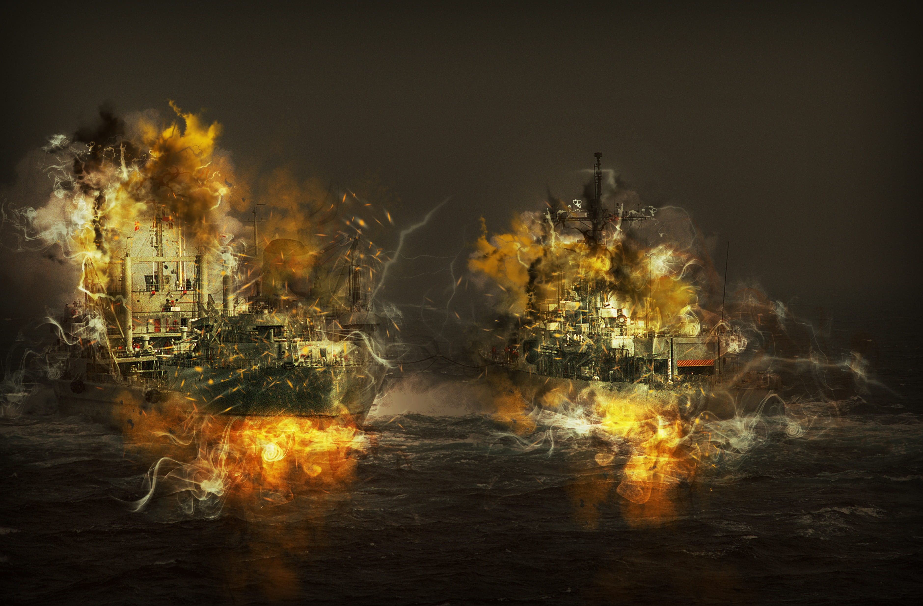 illuminated, battle, digital creation, water, nautical, smoke - physical structure, night, brown, nature, war, motion, maritime, ships, no people, burning, HD Wallpaper