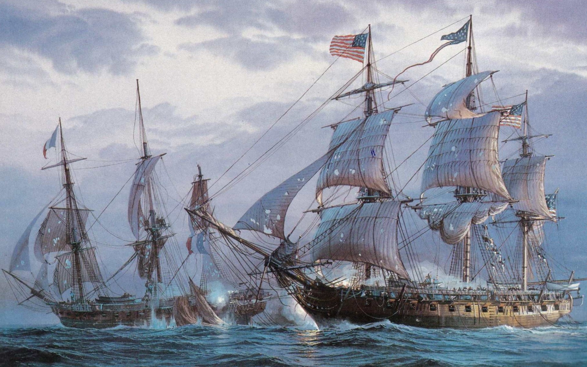 boat, ocean, damage, oil, canvas, frigates, painting, shots, sea, 1080P, ship, boats, ships, sailing, battle, HD Wallpaper