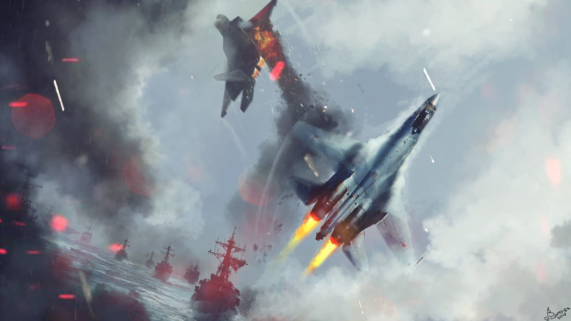 Art, 1080P, BBC, Flanker-B, F-22, SU-27 and F-22, Lined, by Anatoliy Petrov, Fighter, Battle, Navy, SU-27, Ships, The ocean, Attack, Dogfight, Anatoliy Petrov, HD Wallpaper