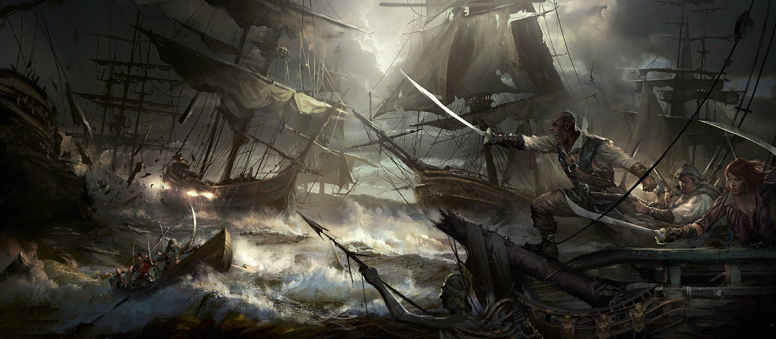 ocean battle, artwork, fantasy art, 1080P, HD Wallpaper