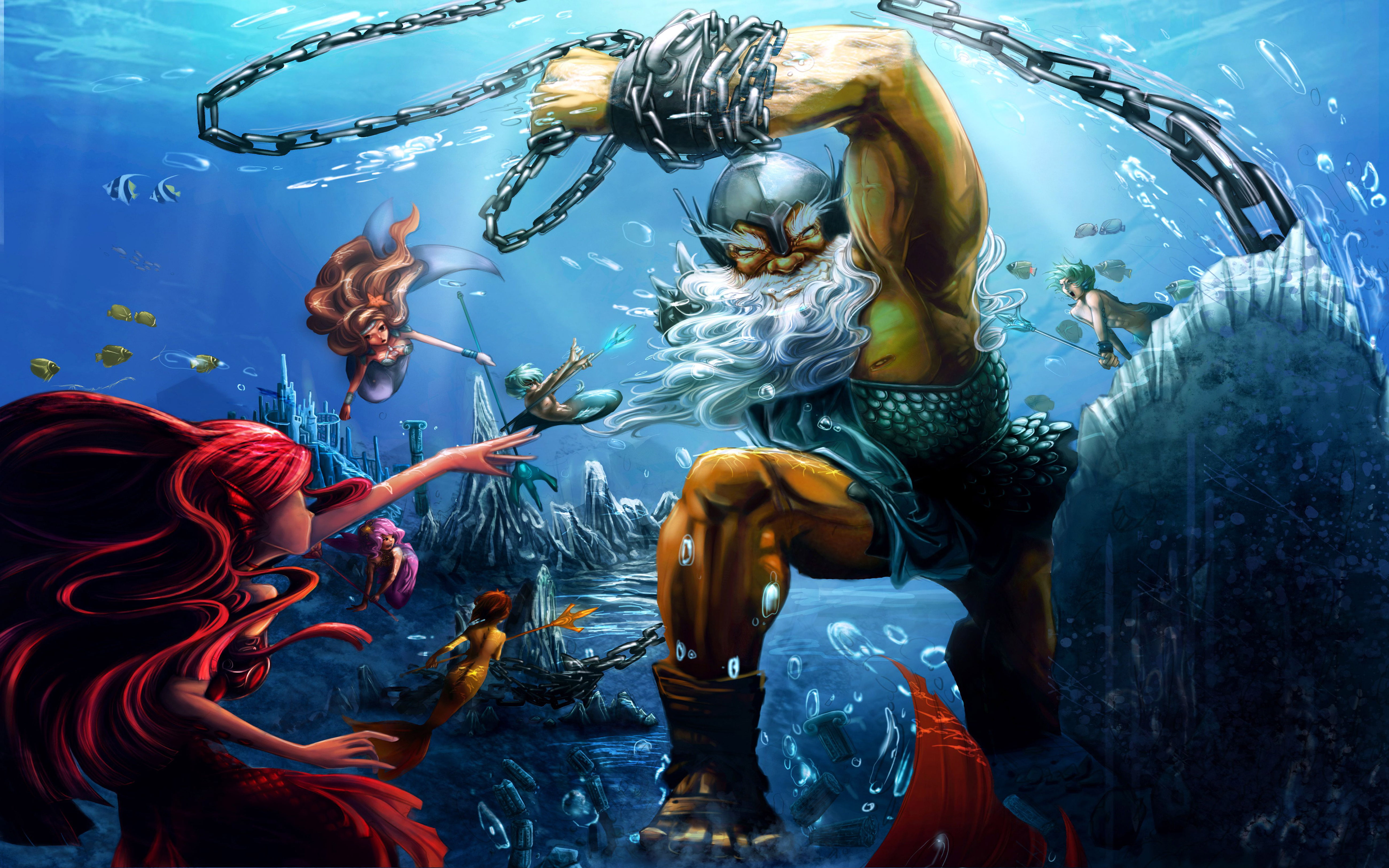 adult, desktop, 5K, animals in the wild, aquarium, animal wildlife, hd, mermaid, group of people, women, animals in captivity, sea life, indoors, art, HD Wallpaper