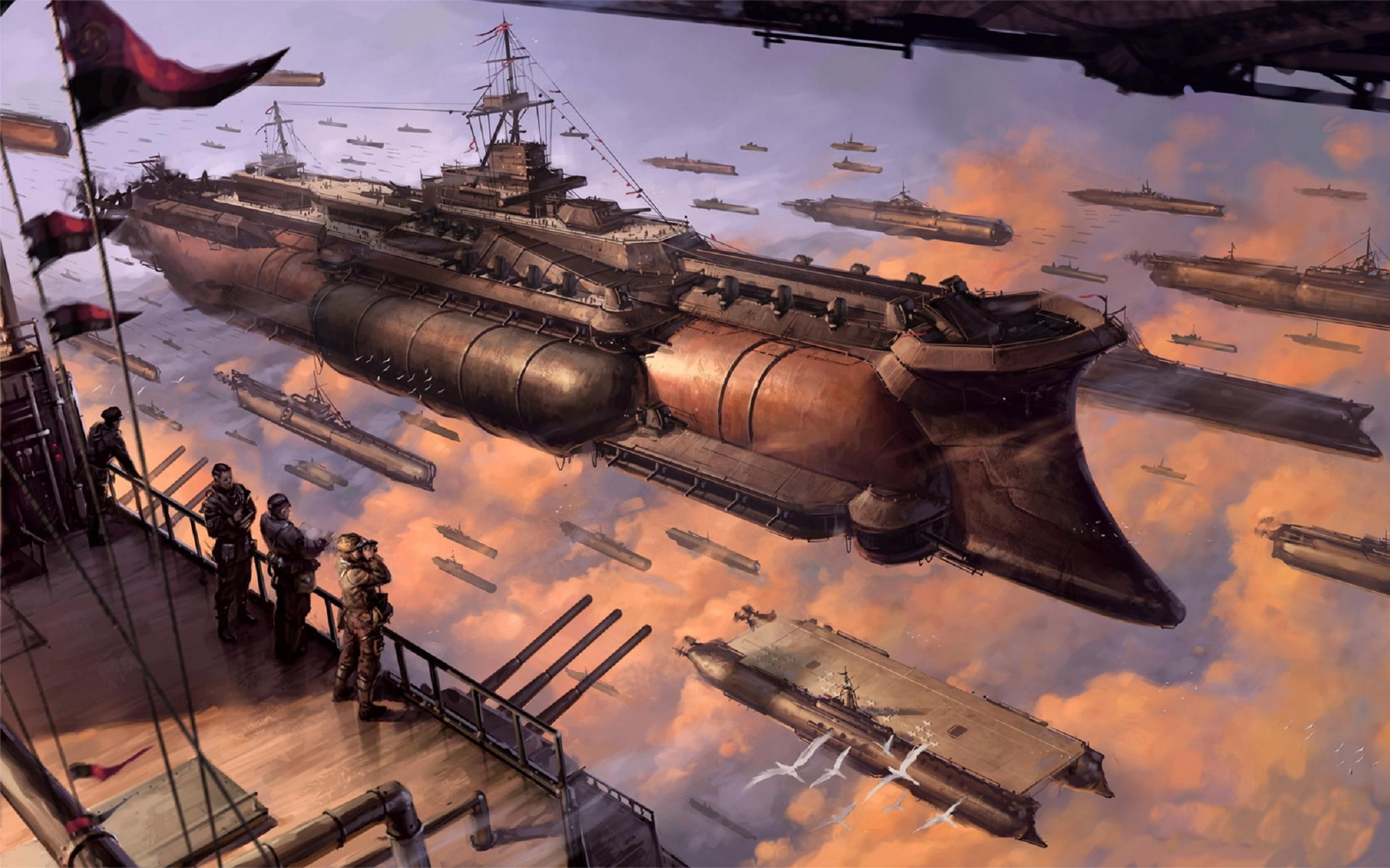 art, battleship, army, sky, fantasy, clouds, ship, ship in sky, 1080P, photo, HD Wallpaper