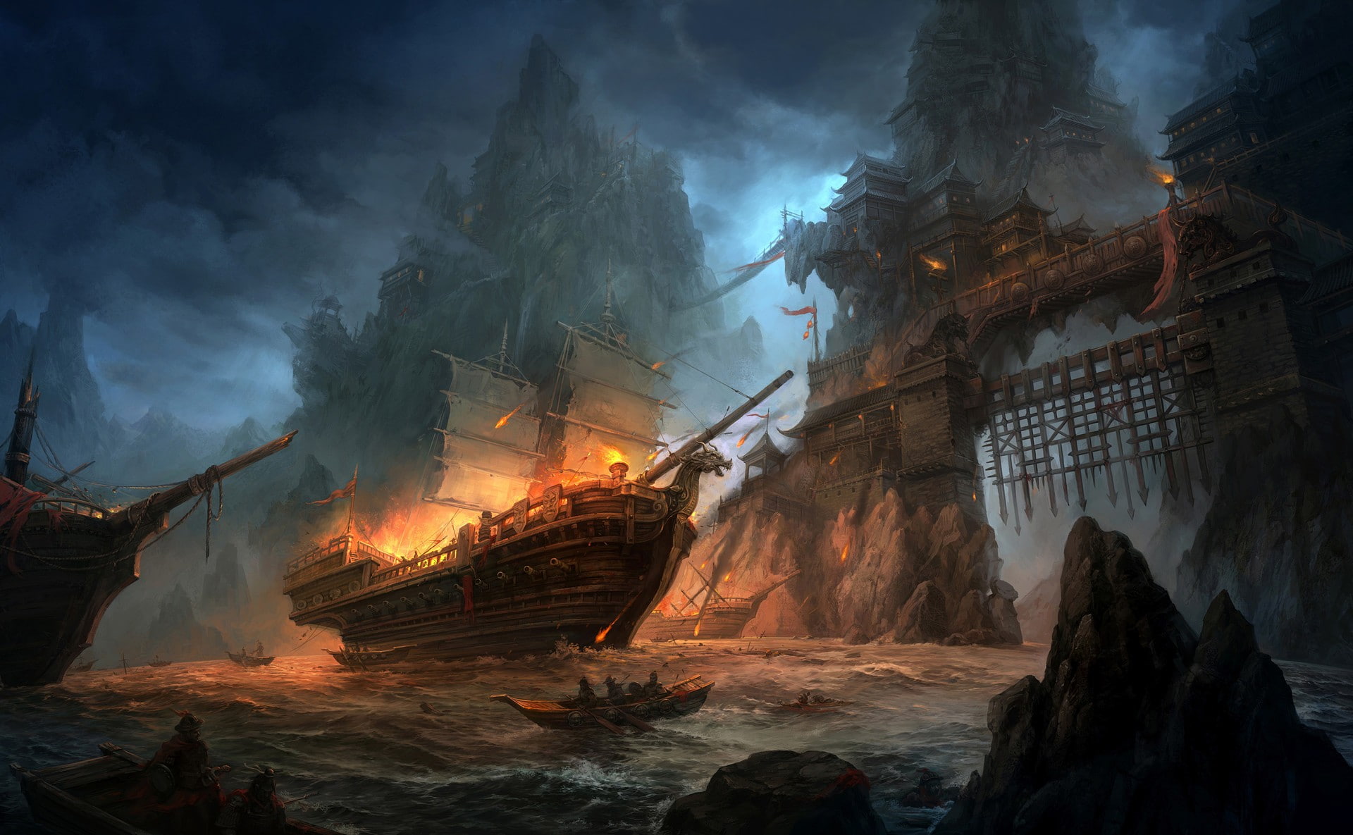 boat, fantasy, cars, ship, px, 1920x1185 px, x, 1080P, girls, fantasy art, art, hd, battle, HD Wallpaper